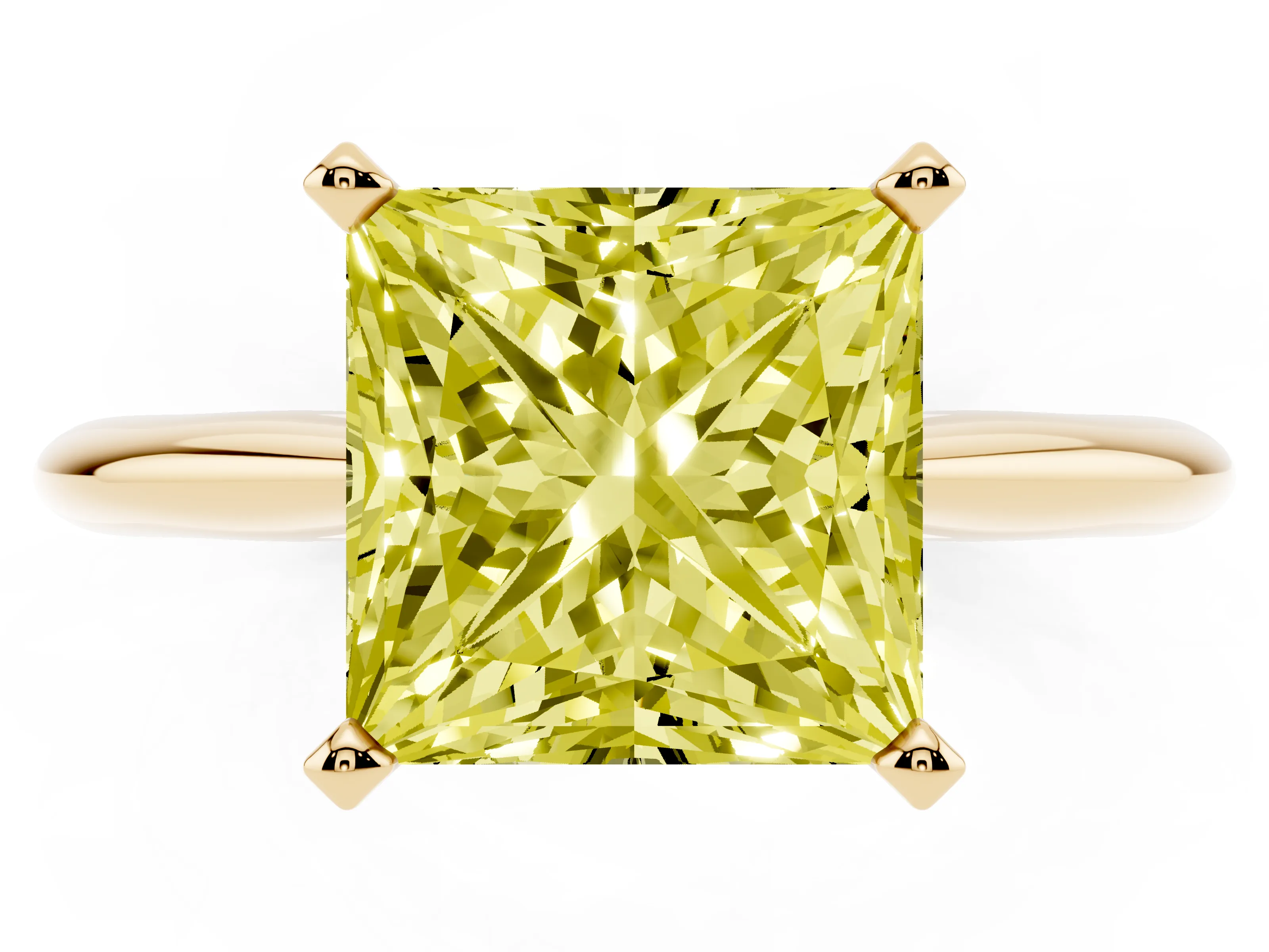 Fancy Yellow Princess Cut Diamond Solitaire Ring Set in Yellow gold with Prong Setting on a Plain Round Band
