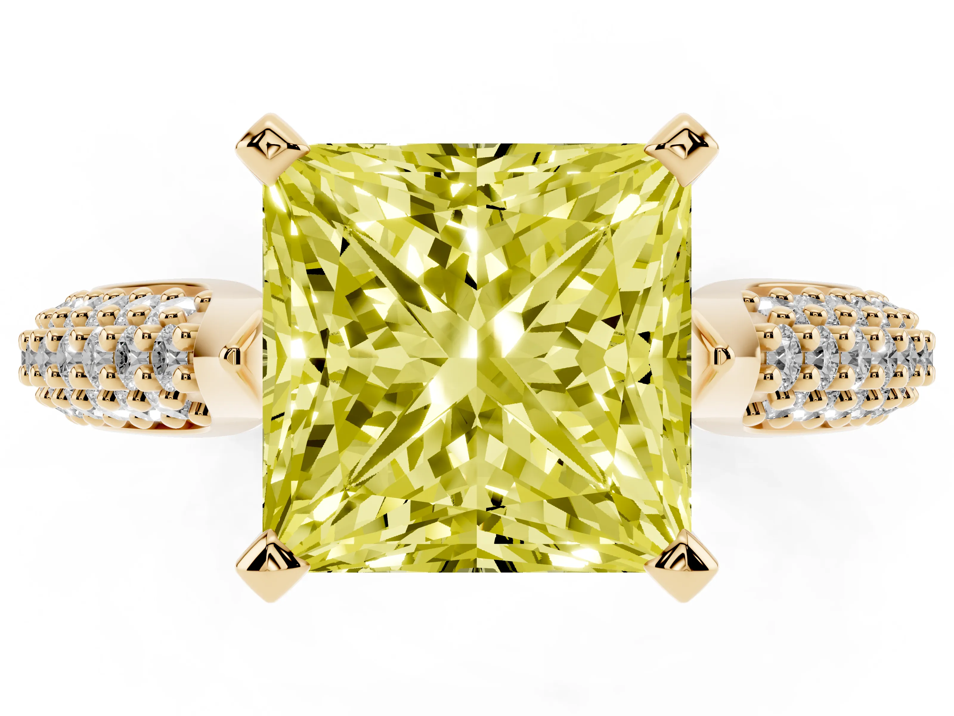 Fancy Yellow Princess Cut Diamond Solitaire Engagement Ring Set in Yellow gold with Multi-Row Round Pavé Band and Prong Setting