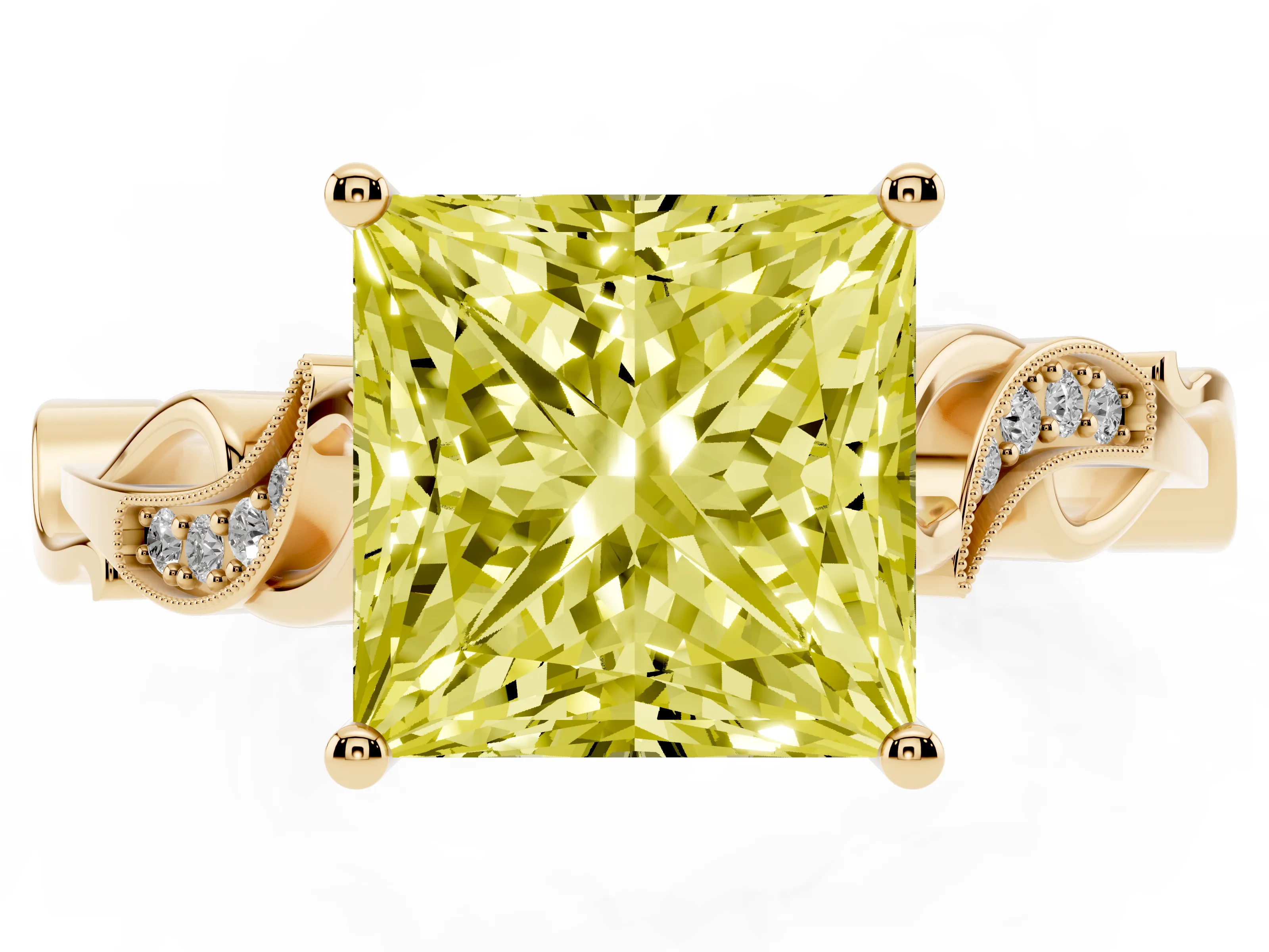 Fancy Yellow Princess Cut Diamond Vine Band Solitaire Ring Set in Yellow gold with Milgrain Prong Setting