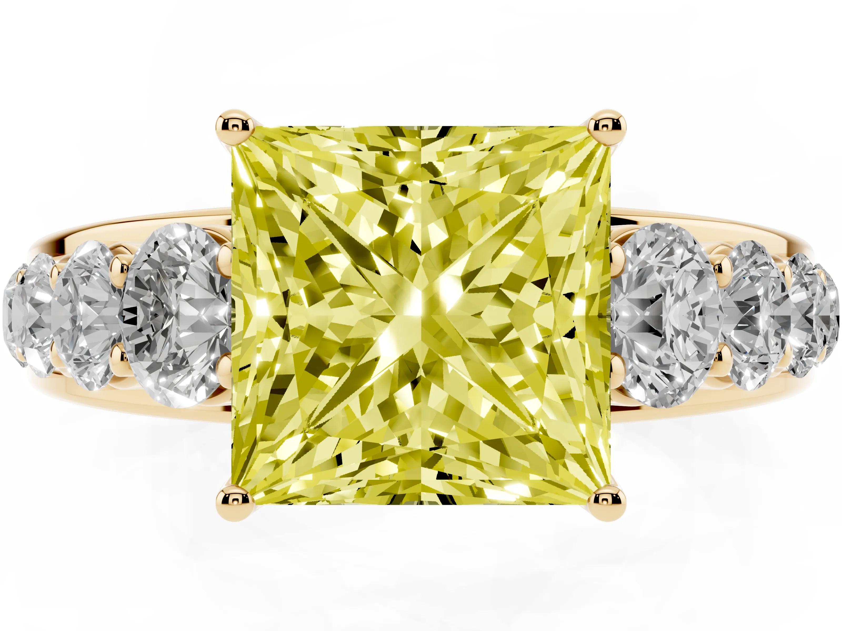 Fancy Yellow Princess Cut Diamond Solitaire Ring Set in Yellow gold with Pavé-Set Band and Prong Setting