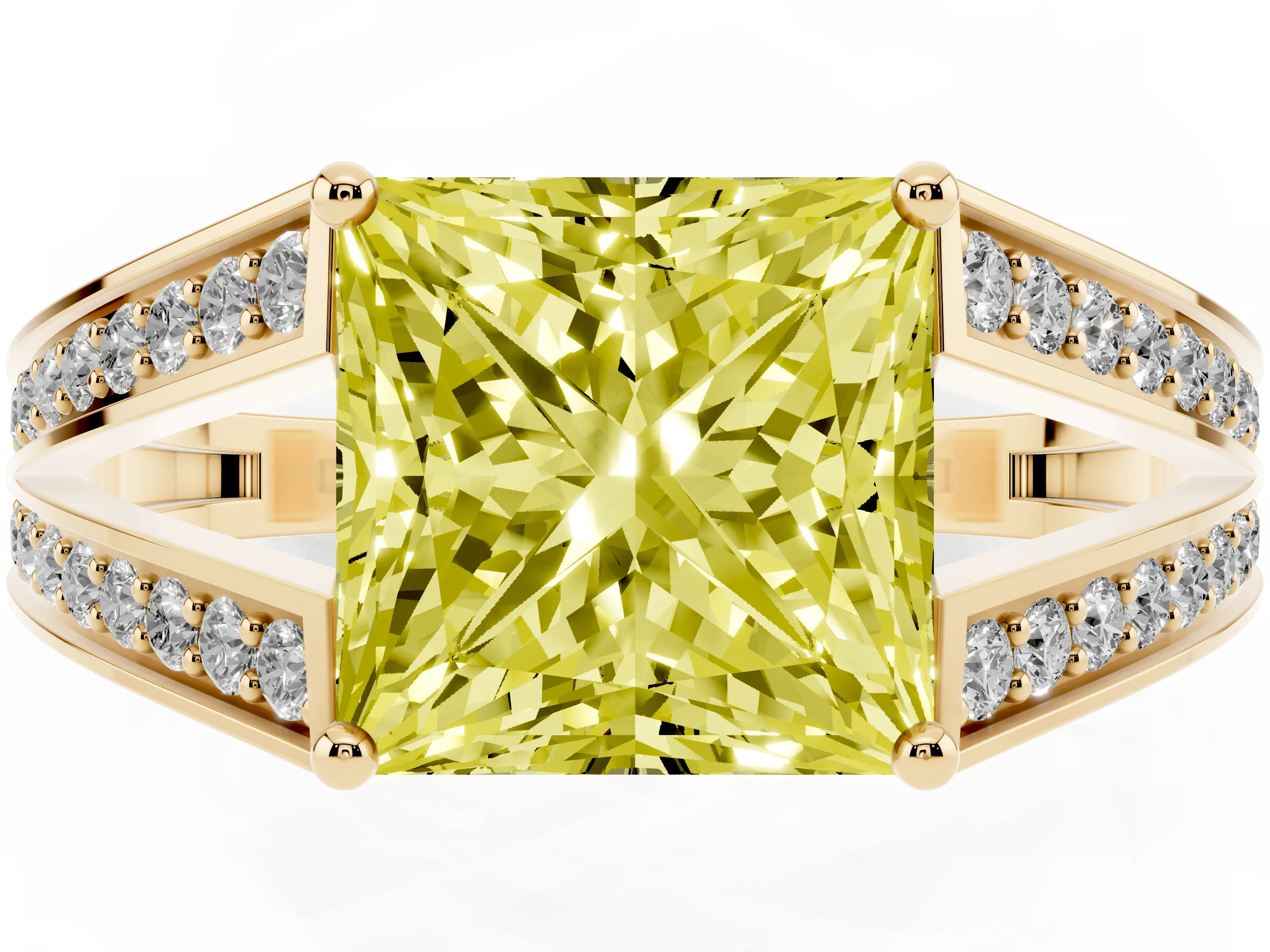 Fancy Yellow Princess Cut Diamond Split Shank Ring Set in Yellow gold with Pavé Band and Prong Setting