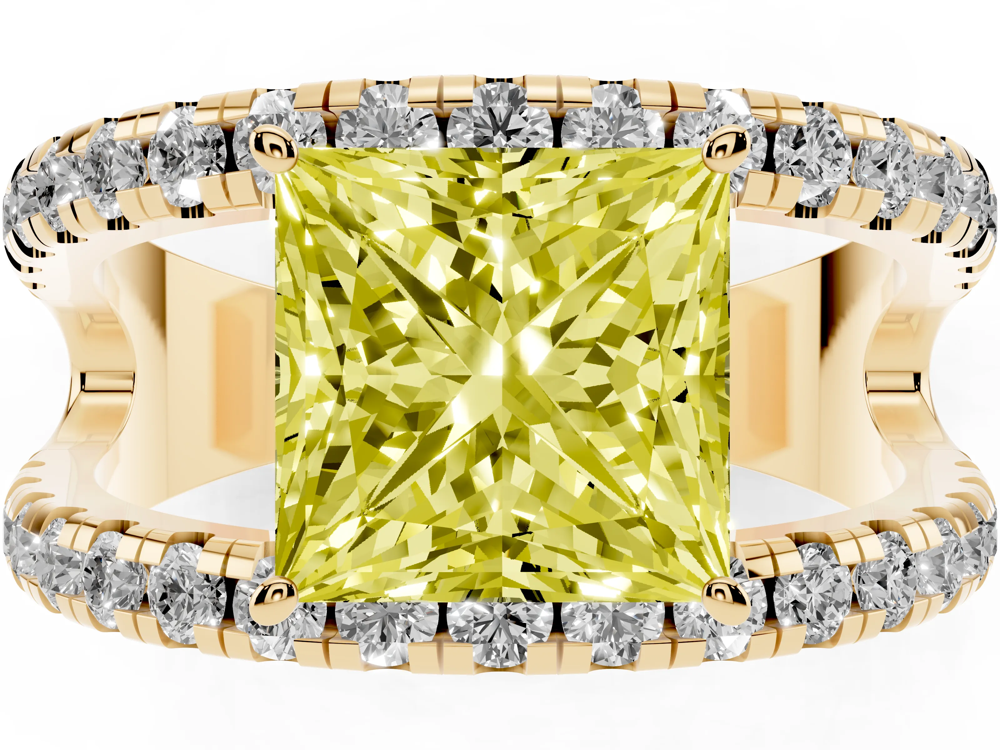 Fancy Yellow Princess Cut Diamond Split Shank Pavé Solitaire Ring Set in Yellow gold with Open Shank Design