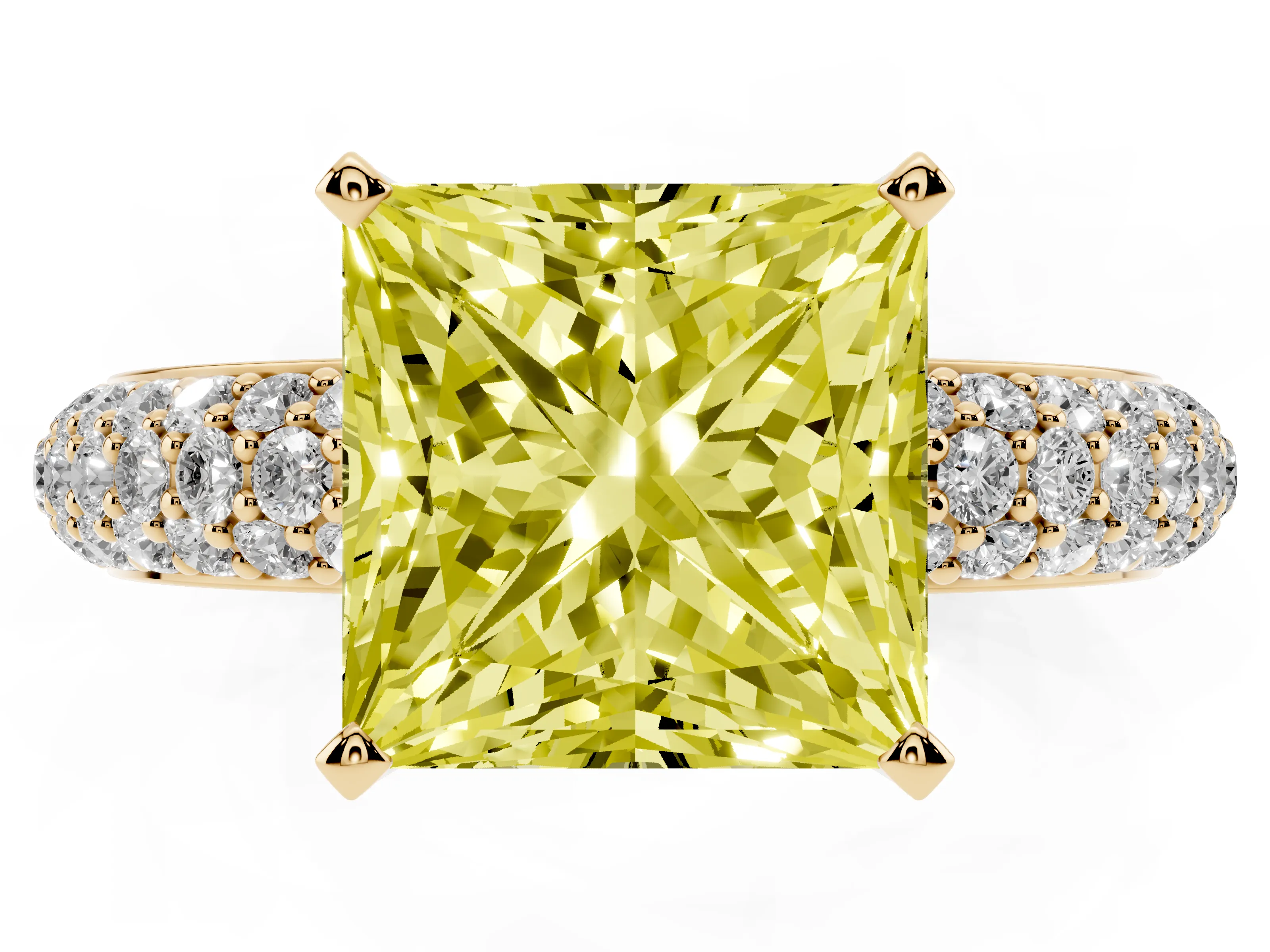 Fancy Yellow Princess Cut Diamond Solitaire Ring Set in Yellow gold with Prong Setting and Pavé-Set Band