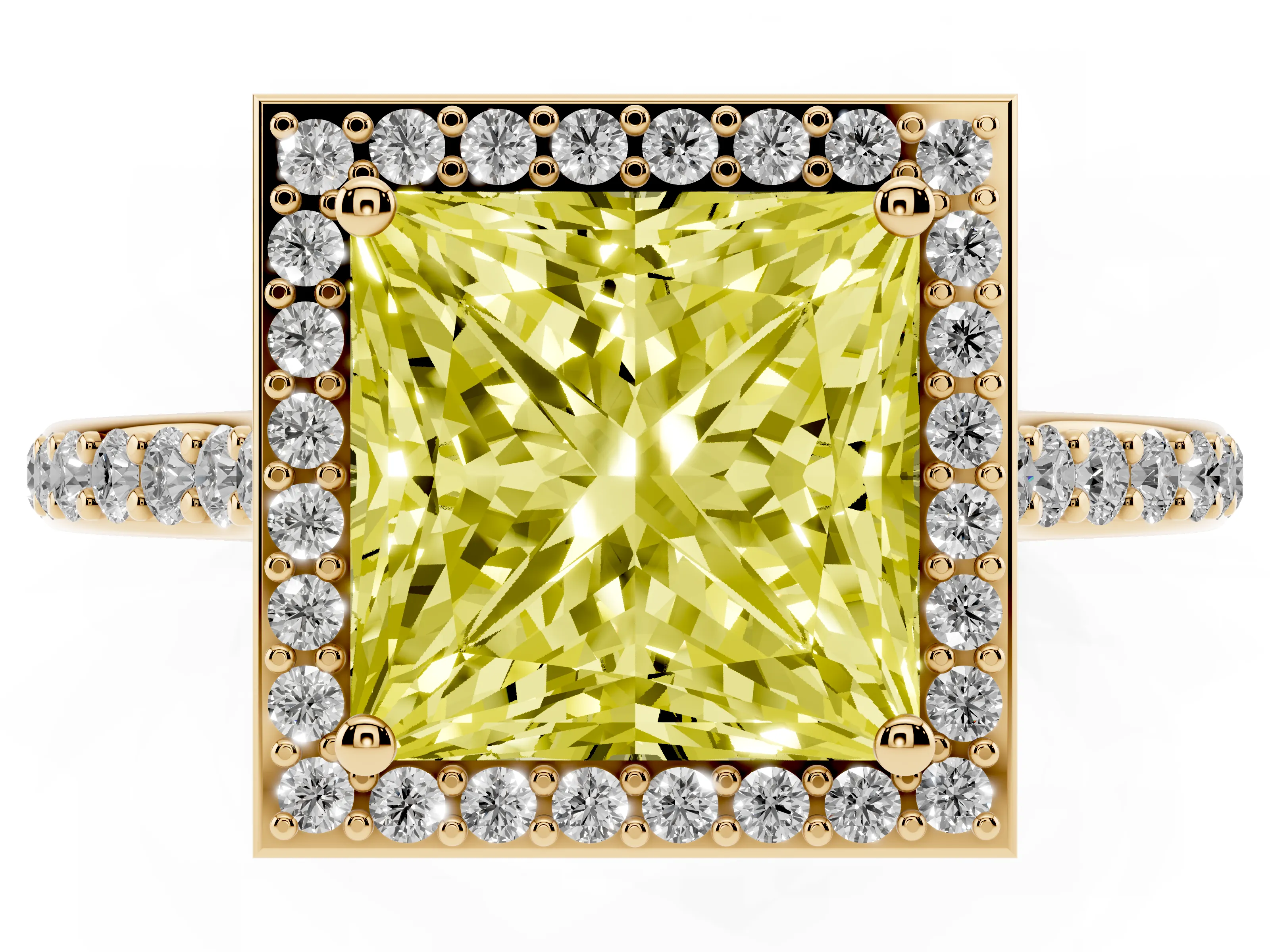 Fancy Yellow Princess Cut Diamond Halo Engagement Ring Set in Yellow gold with Round Pavé Shoulders and Heart Gallery