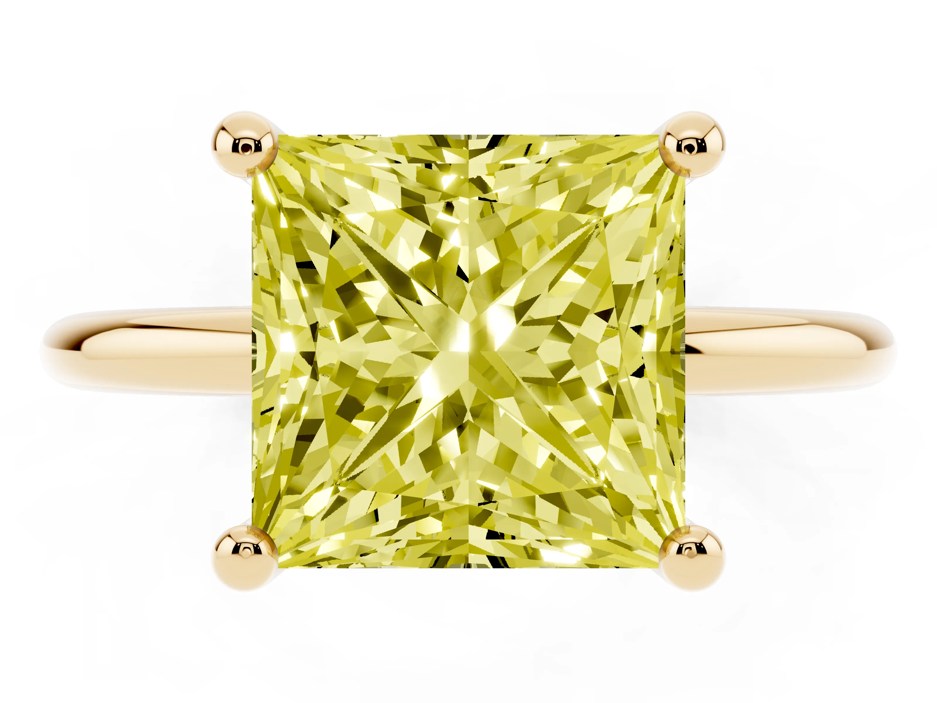 Fancy Yellow Princess Cut Diamond Solitaire Ring Set in Yellow gold with Secure Prong Setting on a Classic Band