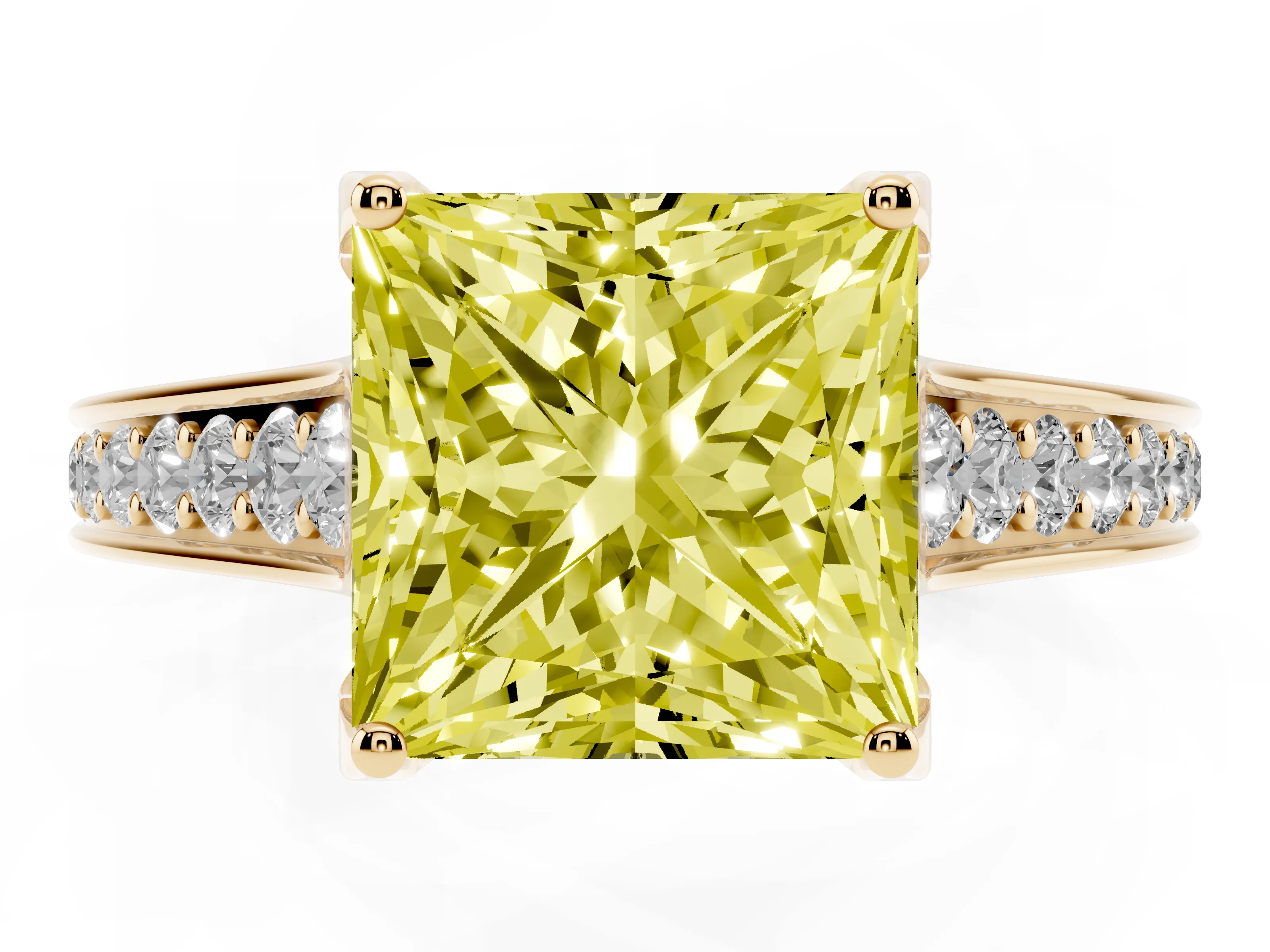 Fancy Yellow Princess Cut Diamond Solitaire Pavé Engagement Ring Set in Yellow gold with Prong Setting
