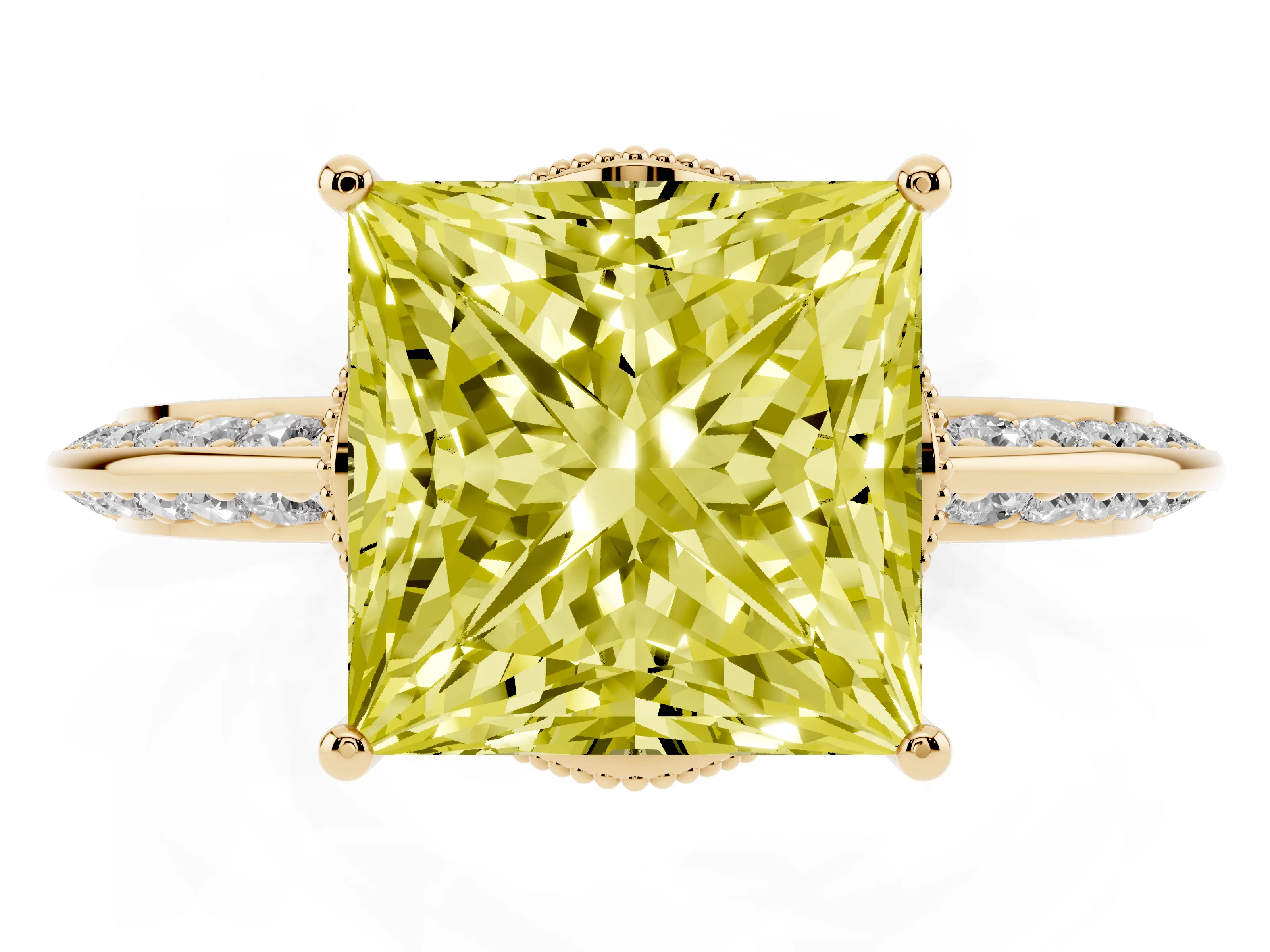 Fancy Yellow Princess Cut Diamond Solitaire Engagement Ring Set in Yellow gold with Pavé Split Shank and Prong Setting