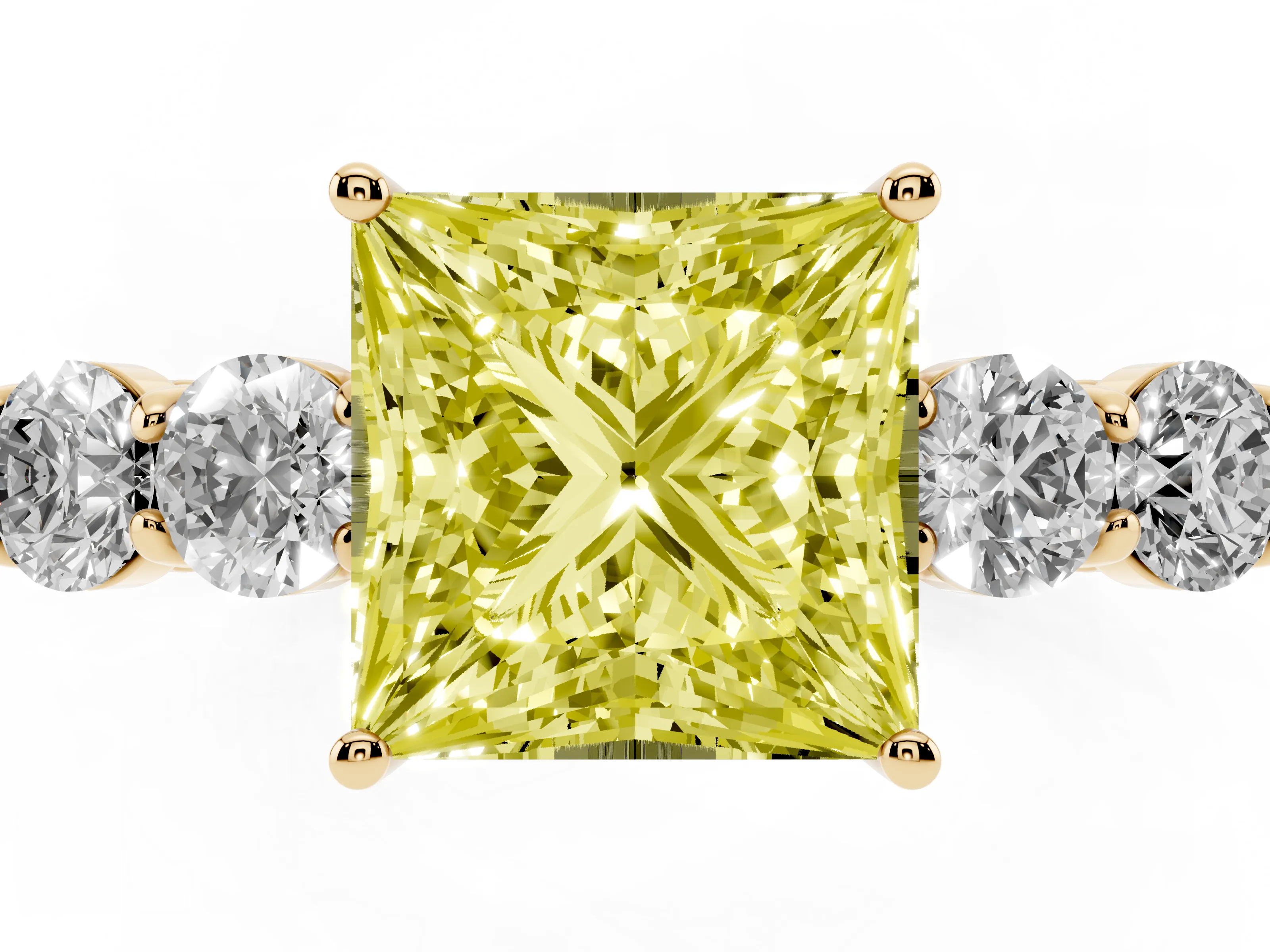 Fancy Yellow Princess Cut Diamond Five-Stone Prong Set Band Ring Set in Yellow gold with Polished Band
