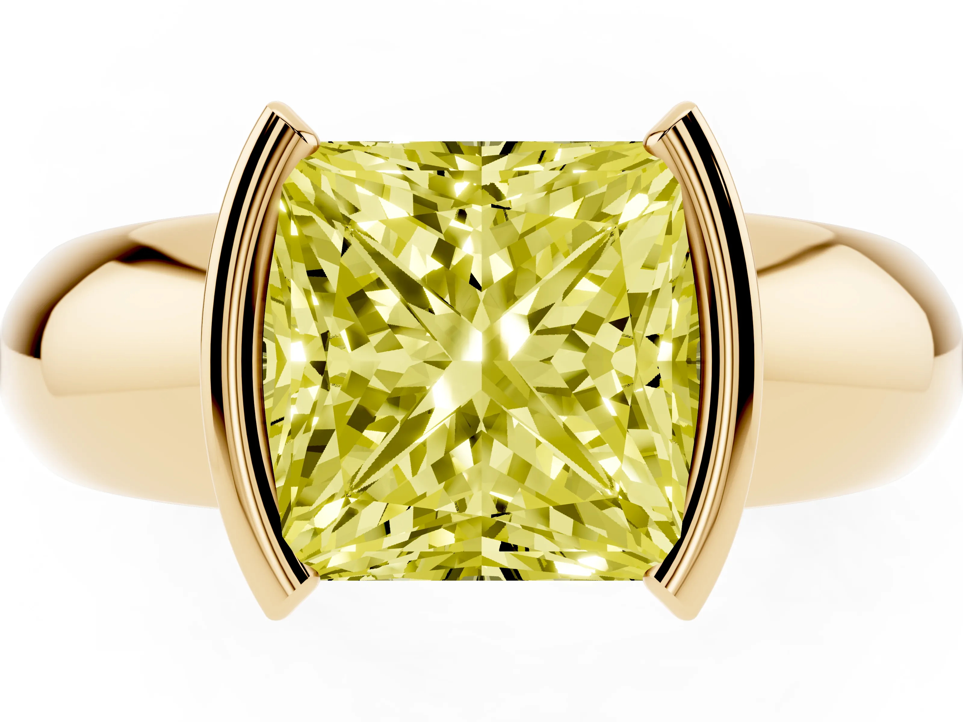 Fancy Yellow Princess Cut Diamond Solitaire Tension Set Ring Set in Yellow gold with Wide Band