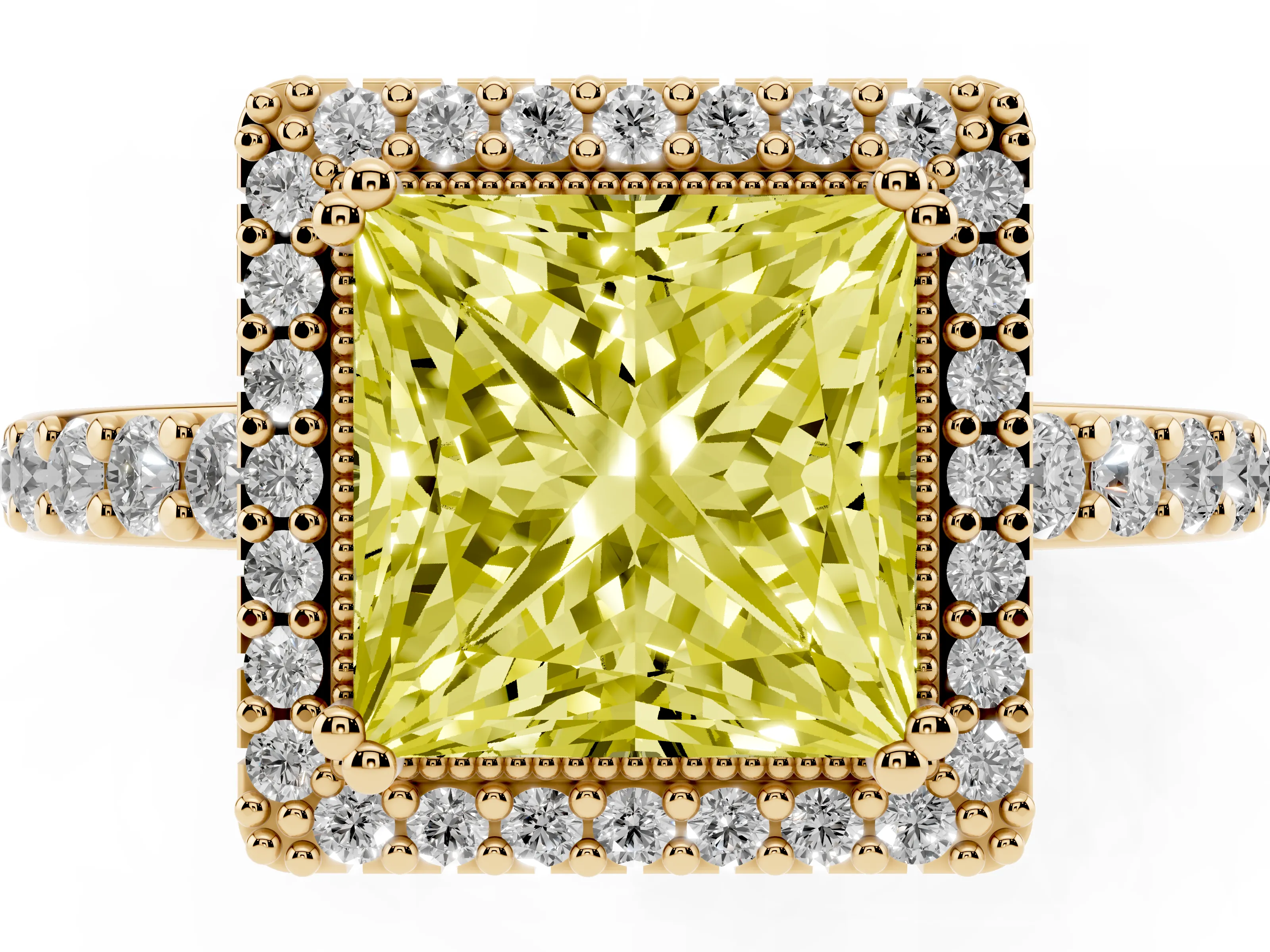 Fancy Yellow Princess Cut Diamond Halo Engagement Ring Set in Yellow gold with Milgrain Detail and Pavé Band