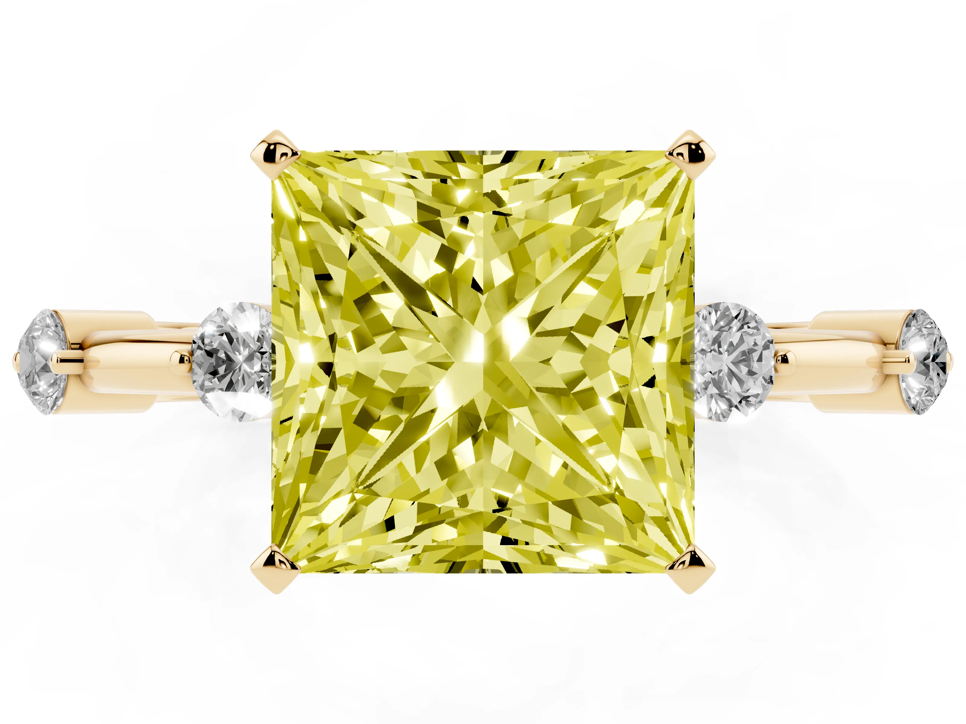 Fancy Yellow Princess Cut Diamond Solitaire Ring Set in Yellow gold with Bezel Set Side Stones and Prong Setting