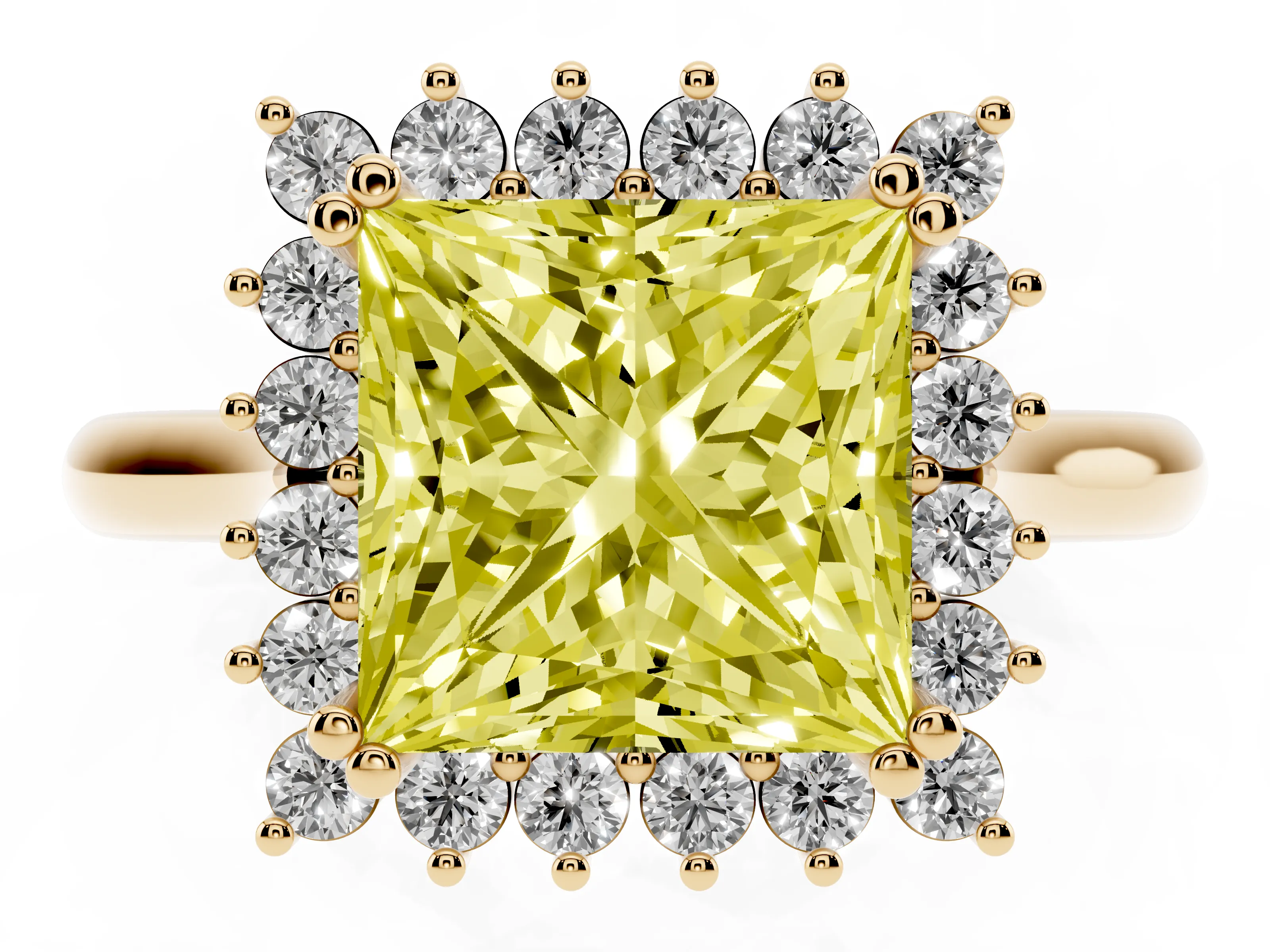 Fancy Yellow Princess Cut Diamond Halo Ring Set in Yellow gold with Plain Solitaire Band and Prong Setting