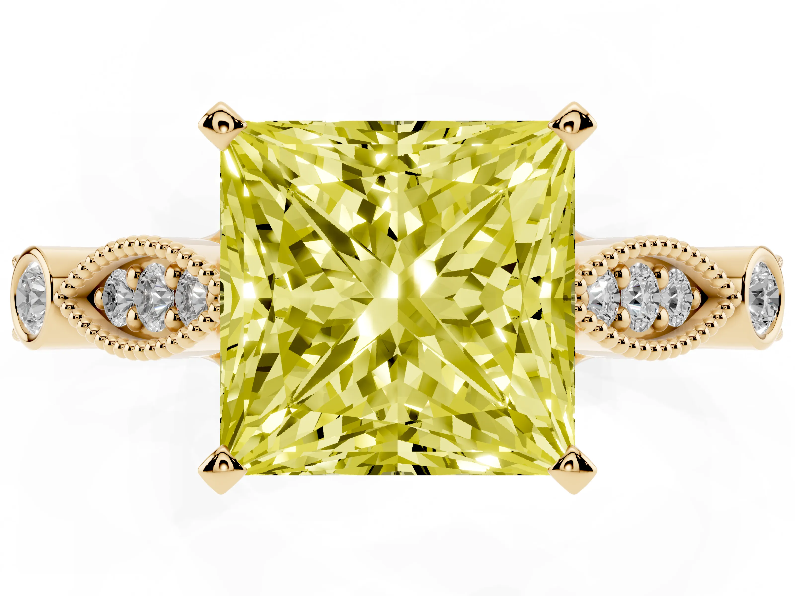 Fancy Yellow Princess Cut Diamond Solitaire Ring Set in Yellow gold with Milgrain Marquise and Bezel Accents