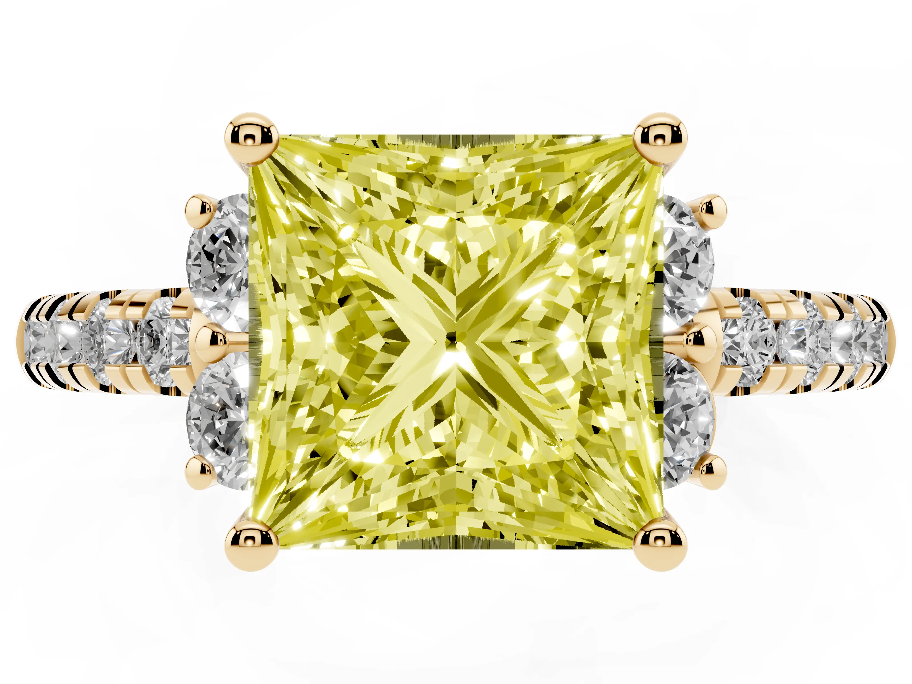 Fancy Yellow Princess Cut Diamond Three-Stone Pavé Ring Set in Yellow gold with Prong Setting
