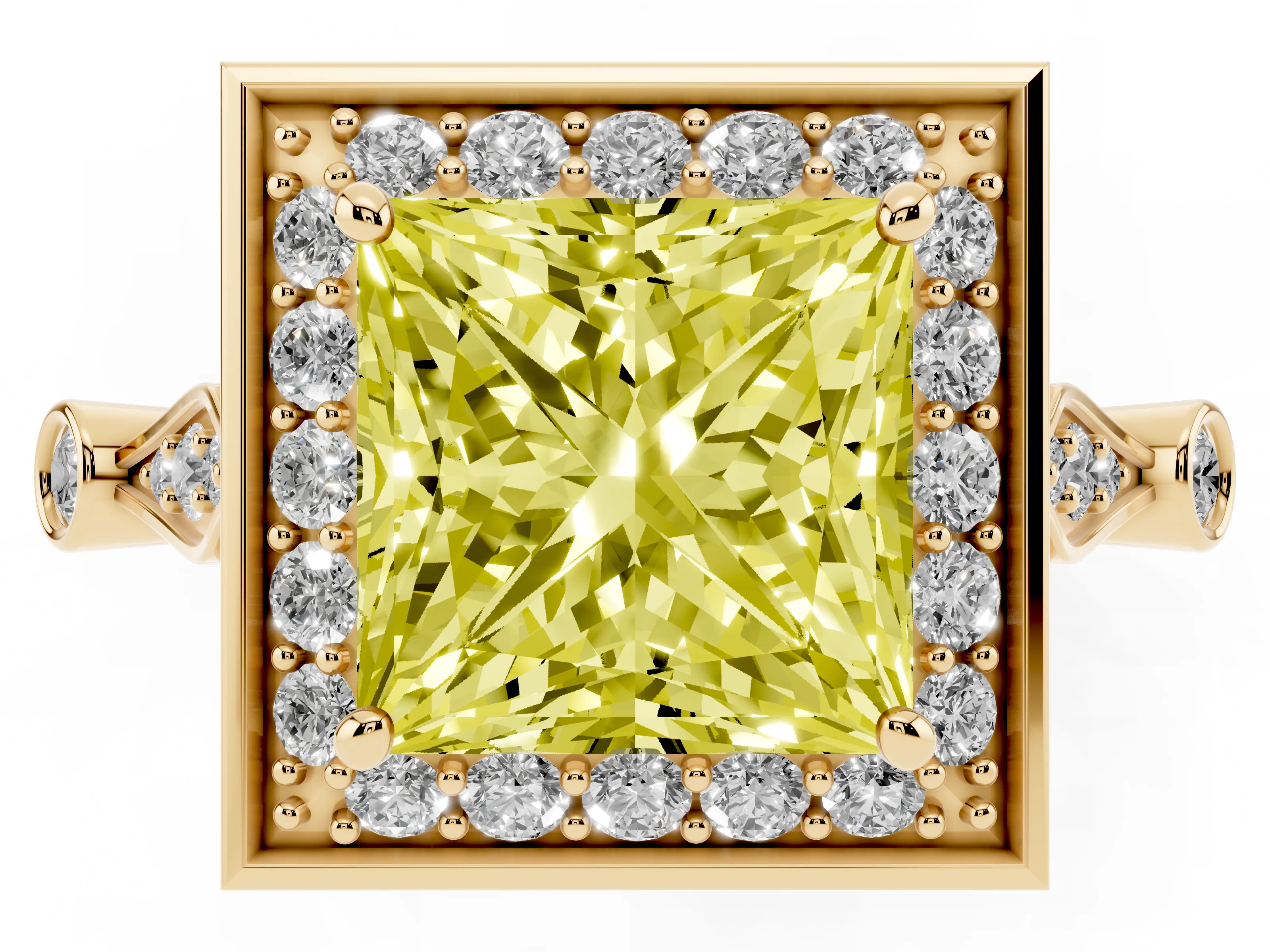 Fancy Yellow Princess Cut Diamond Halo Engagement Ring Set in Yellow gold with Twisted Band and Prong Setting