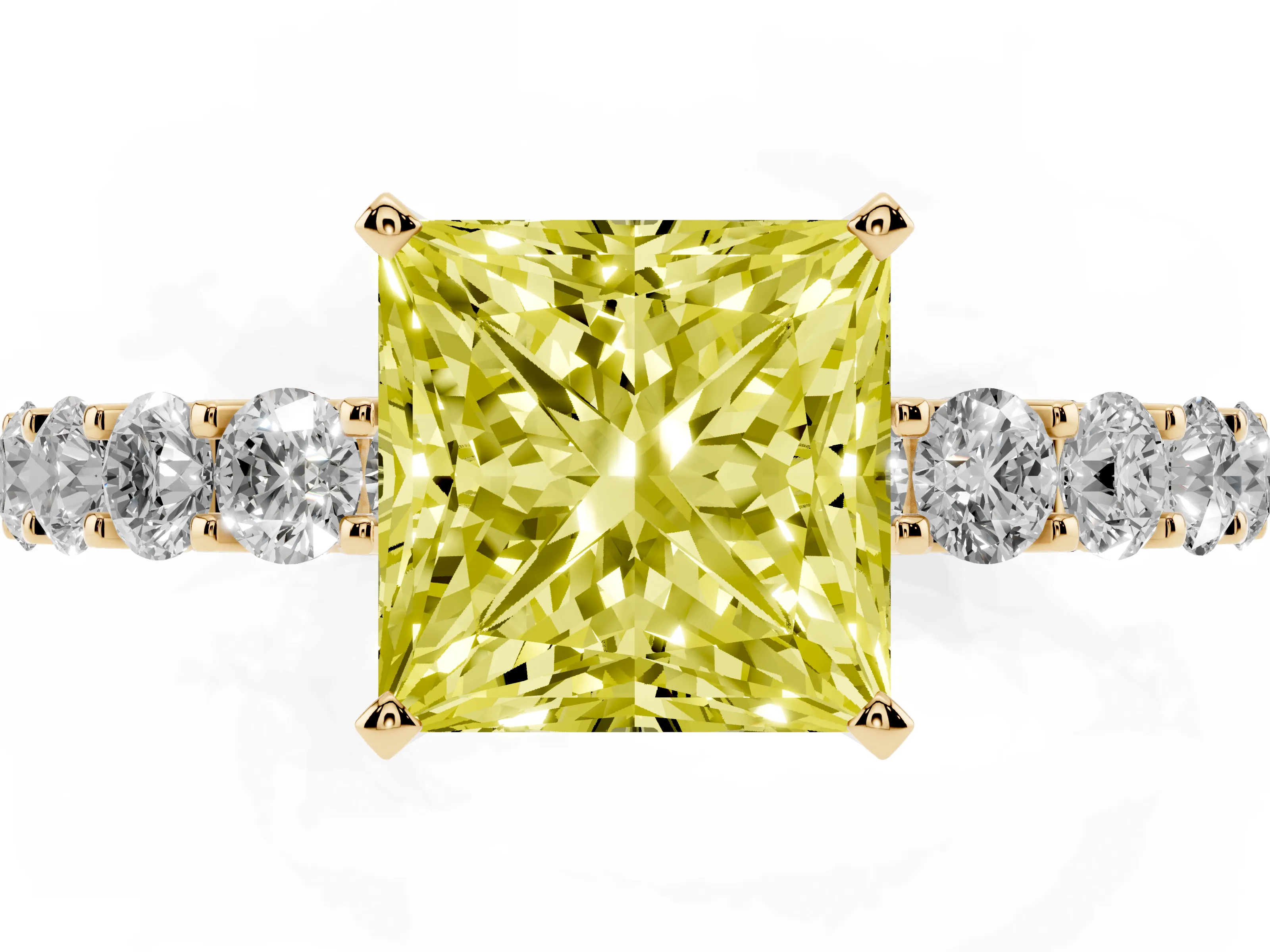 Fancy Yellow Princess Cut Diamond Solitaire Ring Set in Yellow gold with Shared Prong Pavé Band