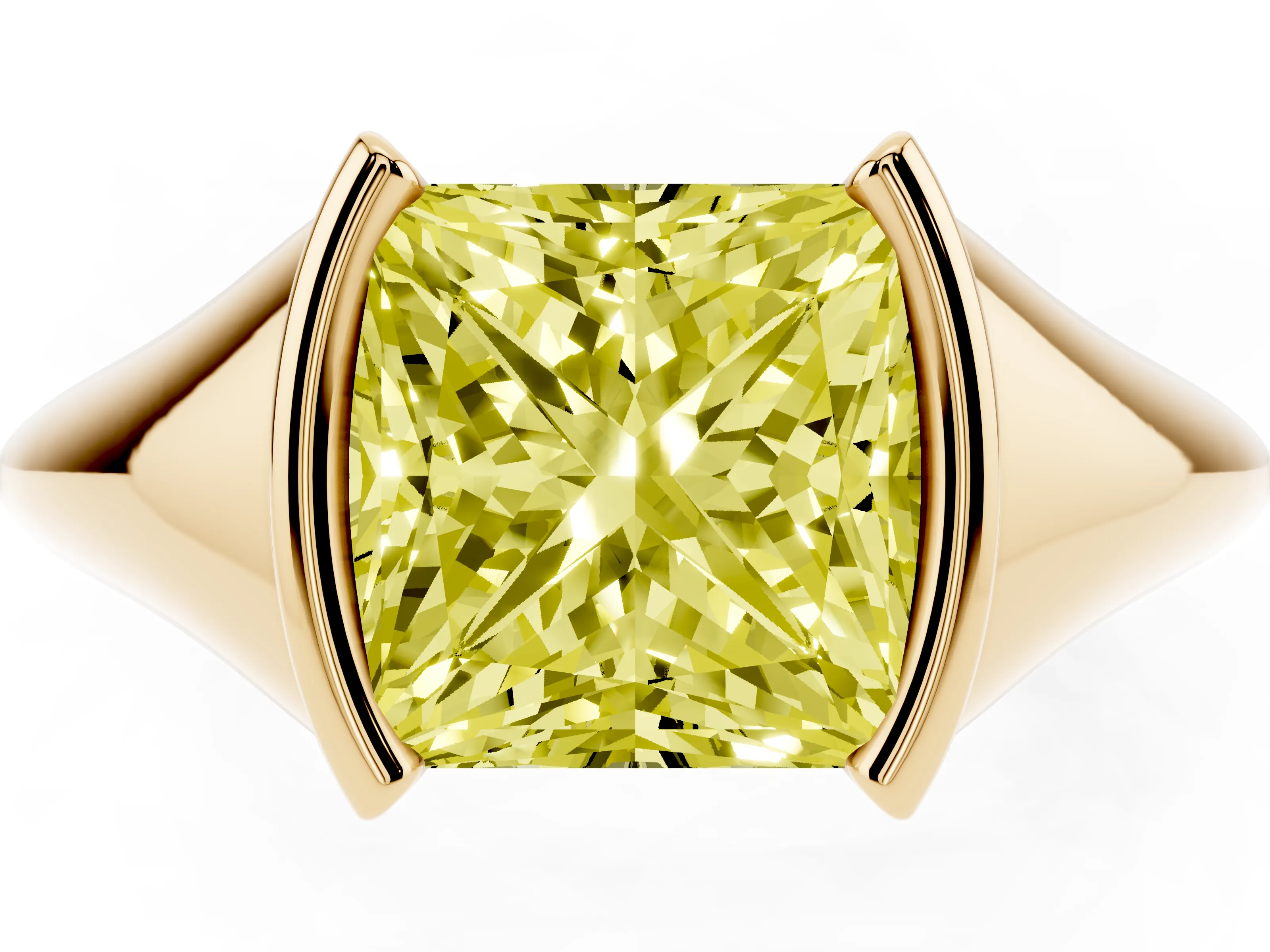 Fancy Yellow Princess Cut Diamond Solitaire Tension Set Ring Set in Yellow gold