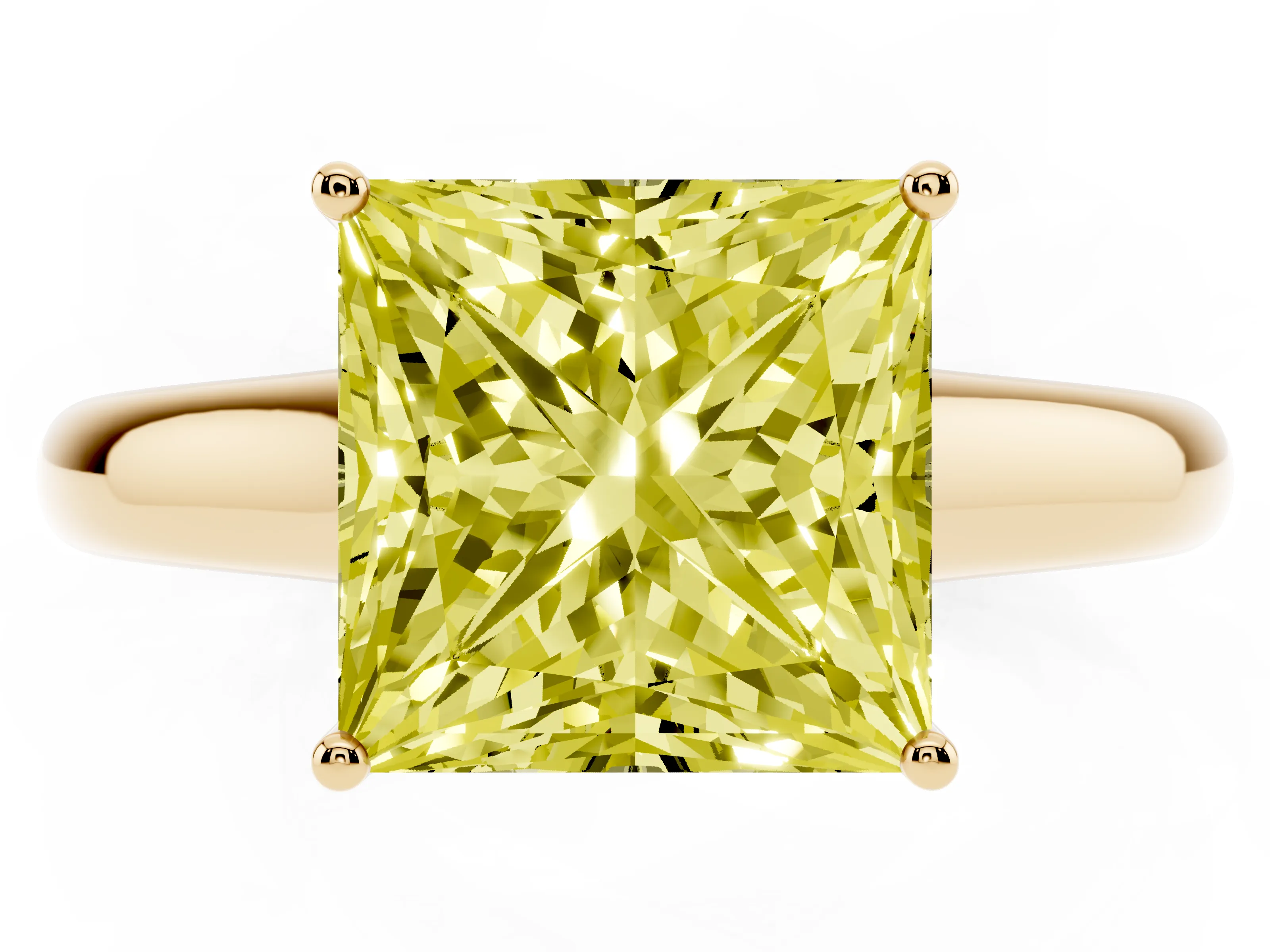 Fancy Yellow Princess Cut Diamond Solitaire Engagement Ring Set in Yellow gold with Subtly Tapered Band and Prong Setting