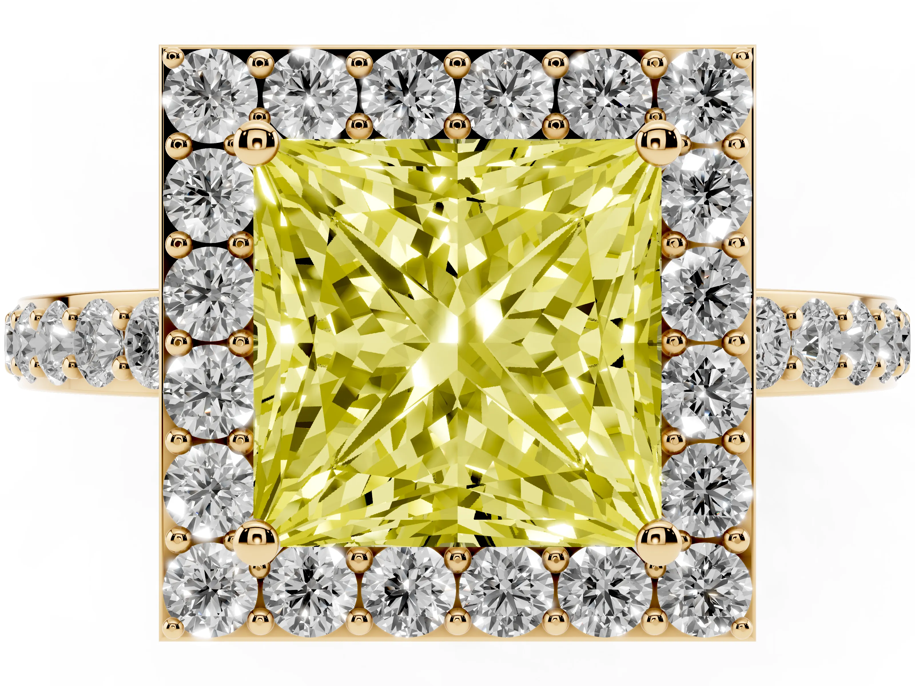 Fancy Yellow Princess Cut Diamond Halo Ring Set in Yellow gold with Pavé-Setting Band and Open Prong Center