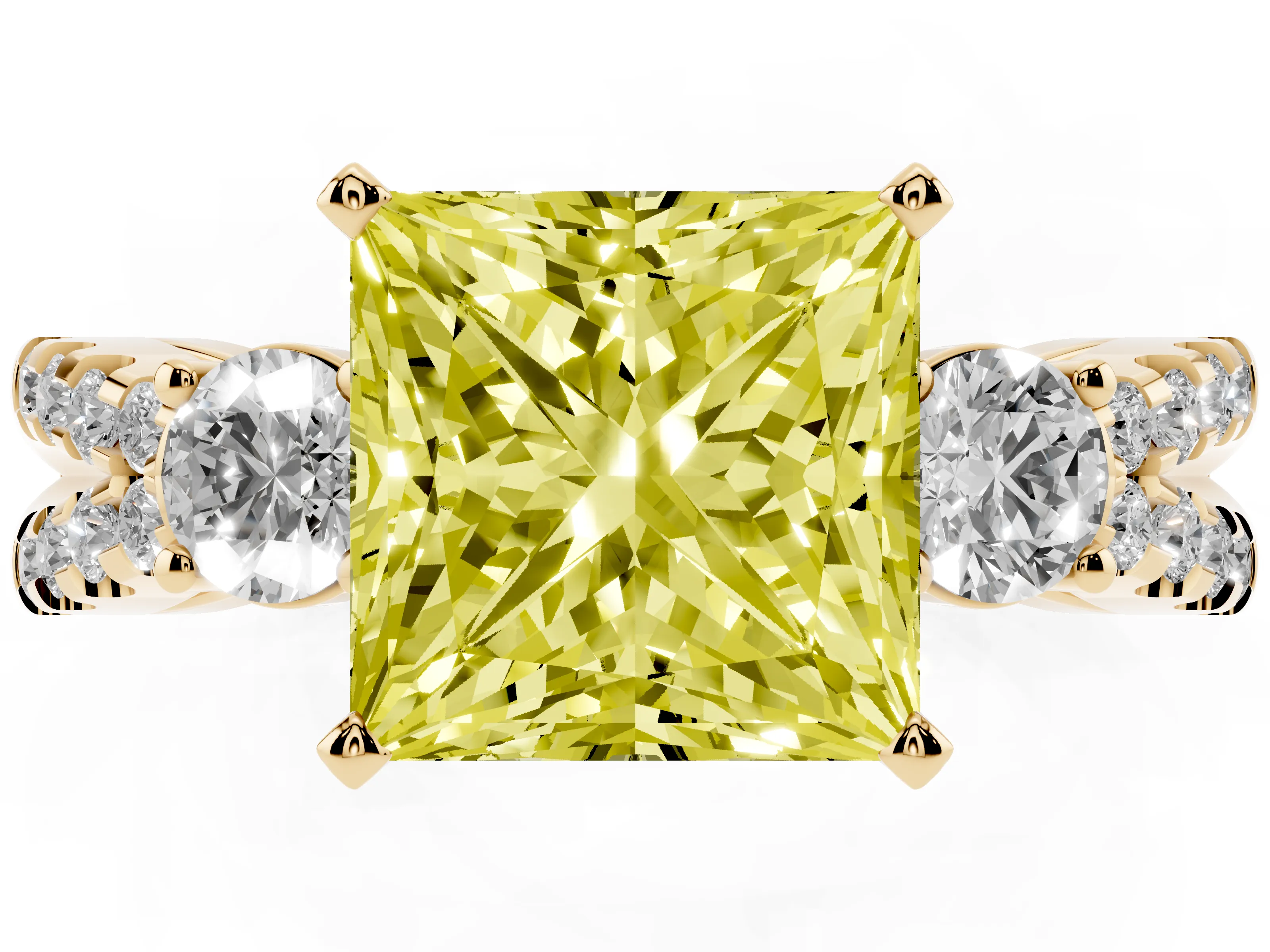 Fancy Yellow Princess Cut Diamond Three-Stone Ring Set in Yellow gold with Pavé Split Shank and Prong Setting