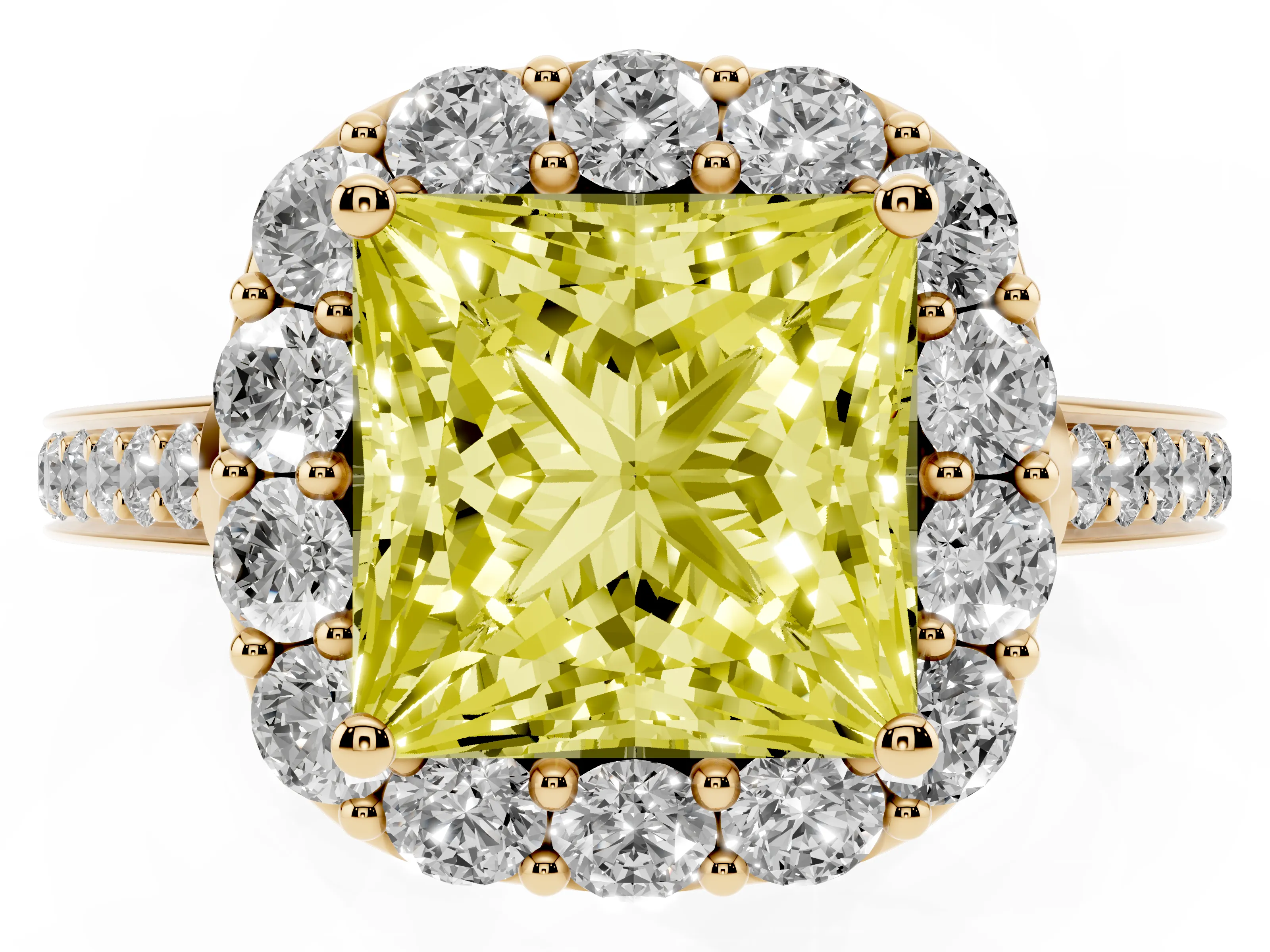 Fancy Yellow Princess Cut Diamond Floral Halo Ring Set in Yellow gold with Pavé Band and Prong Setting