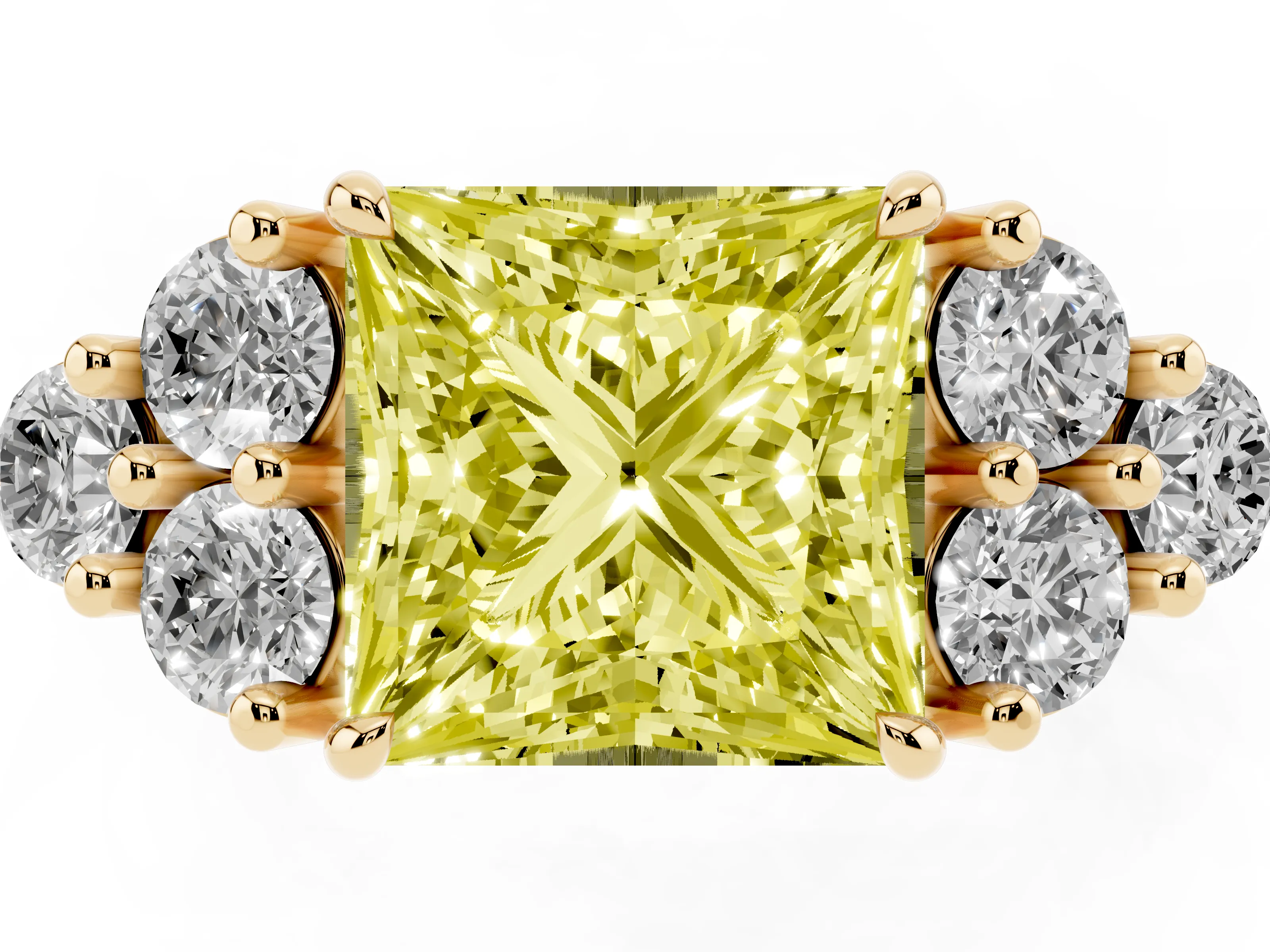 Fancy Yellow Princess Cut Diamond Solitaire Ring Set in Yellow gold with Cluster Accents on Each Side