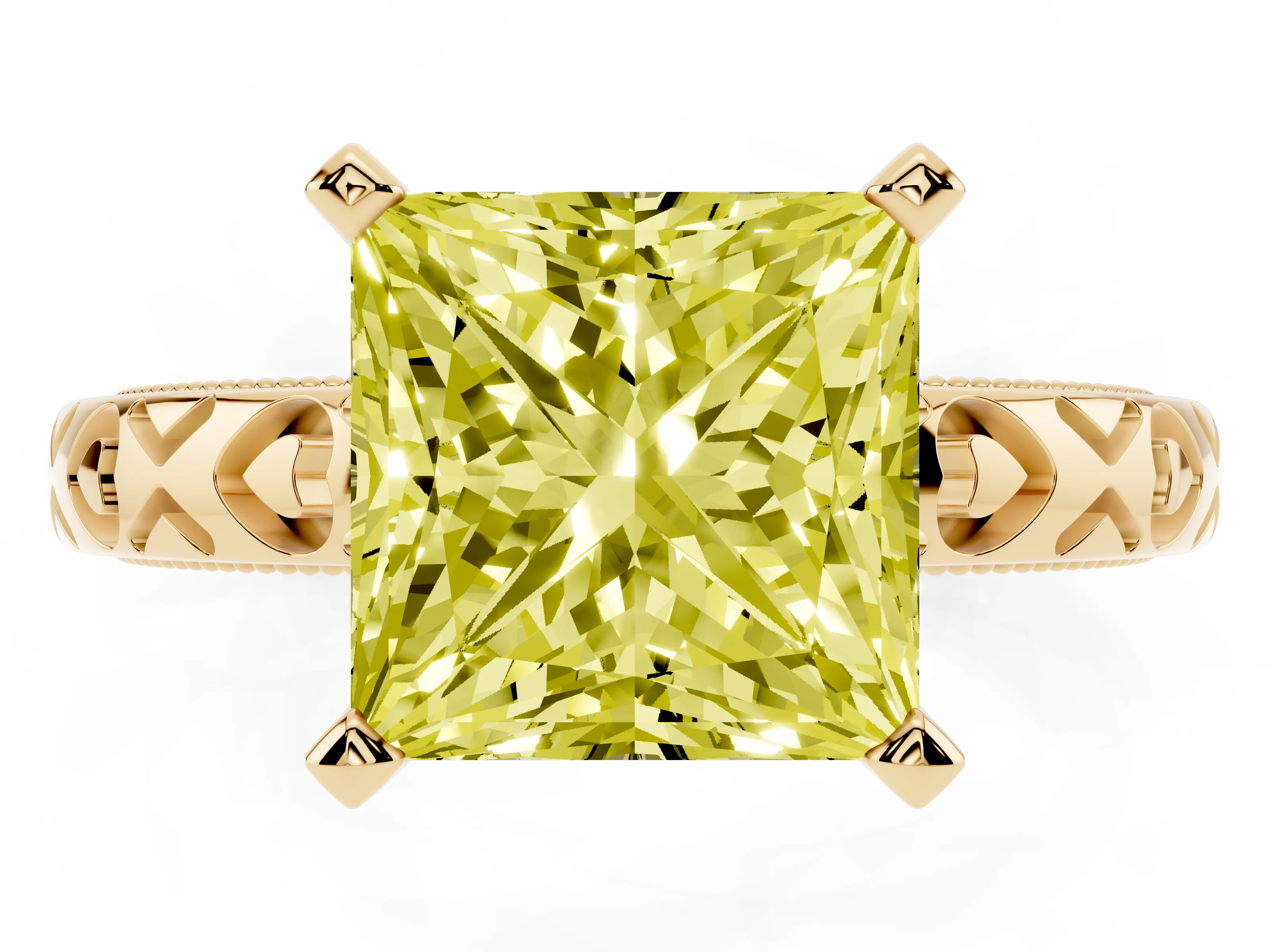 Fancy Yellow Princess Cut Diamond Solitaire Engagement Ring Set in Yellow gold with XO Engraved Band and Prong Setting