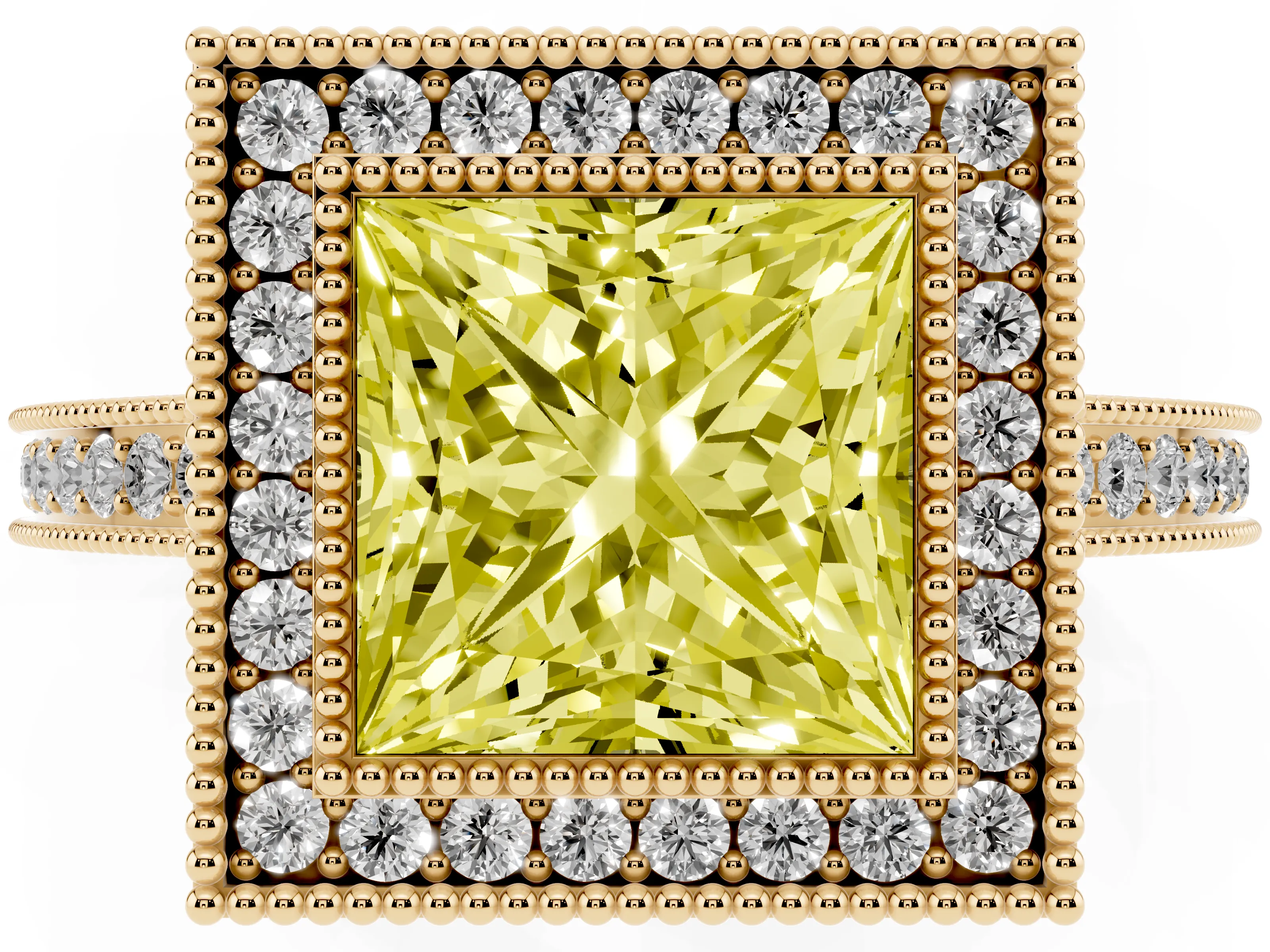 Fancy Yellow Princess Cut Diamond Halo Ring Set in Yellow gold with Pavé Band and Milgrain-Edged Prongs