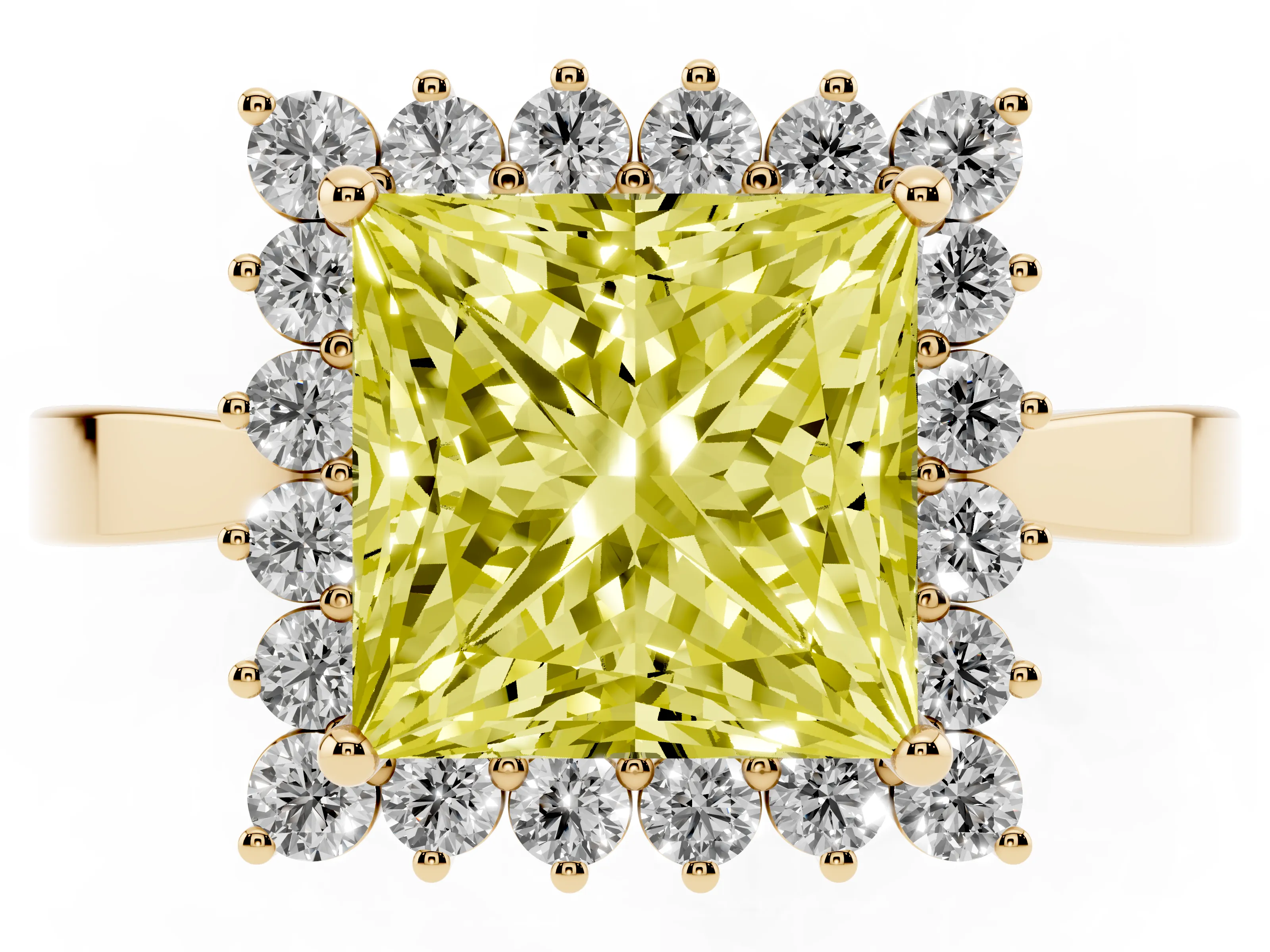 Fancy Yellow Princess Cut Diamond Halo Ring Set in Yellow gold with Round Halo and Smooth Solitaire Band