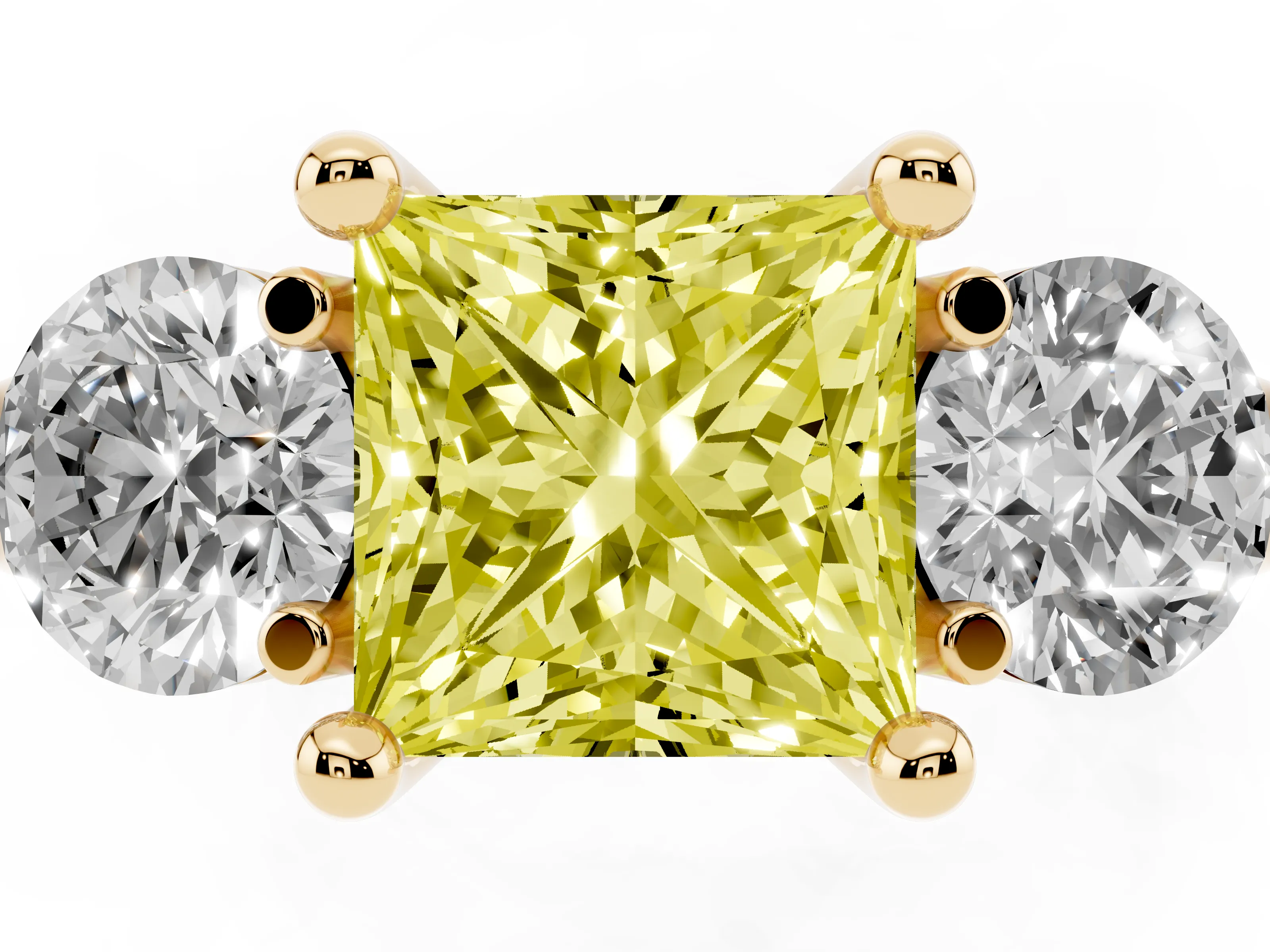 Fancy Yellow Princess Cut Diamond Three-Stone Ring Set in Yellow gold with Prong Setting and Classic Band