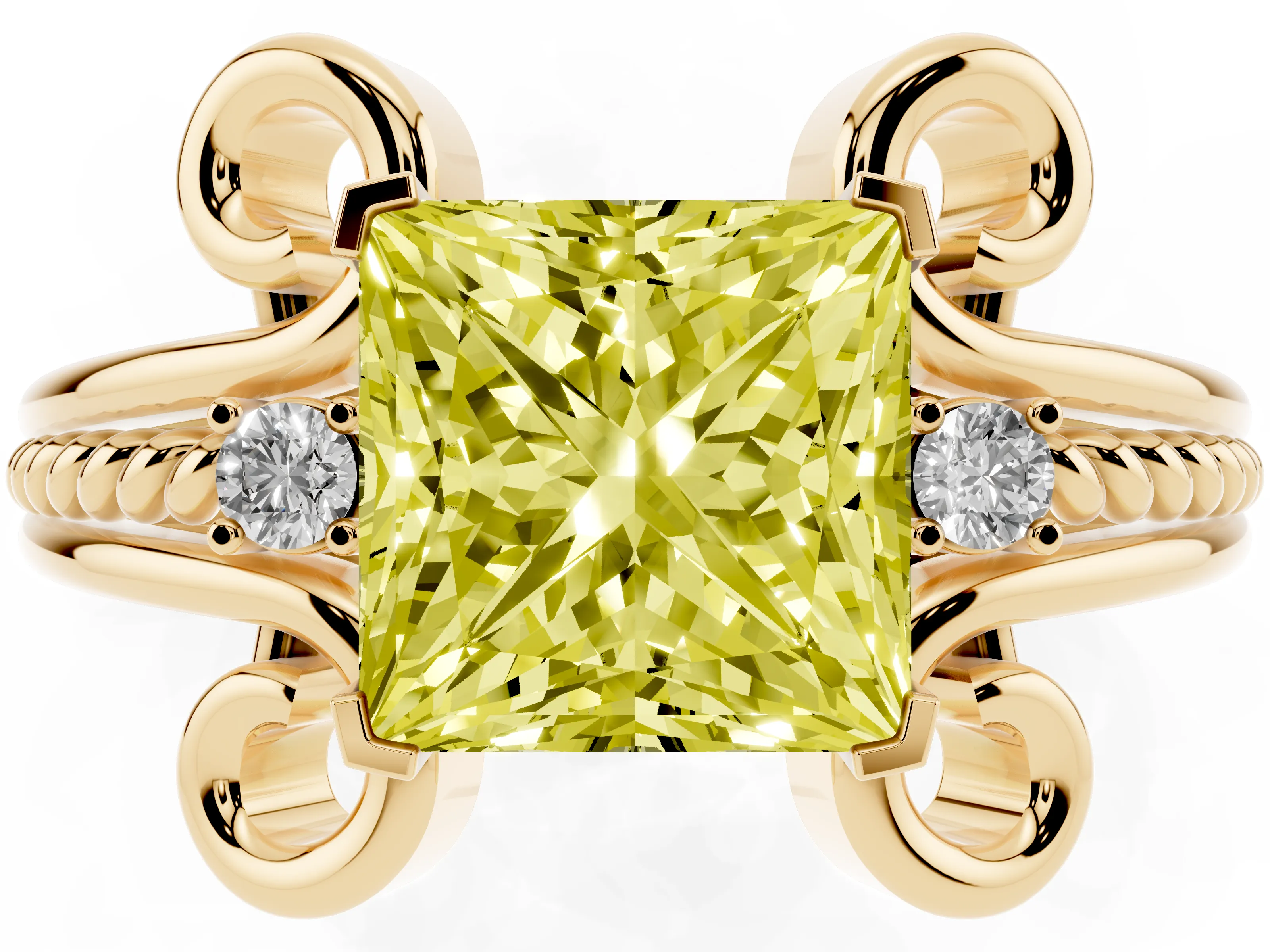 Fancy Yellow Princess Cut Diamond Twisted Band Solitaire Ring Set in Yellow gold with Scroll Prongs