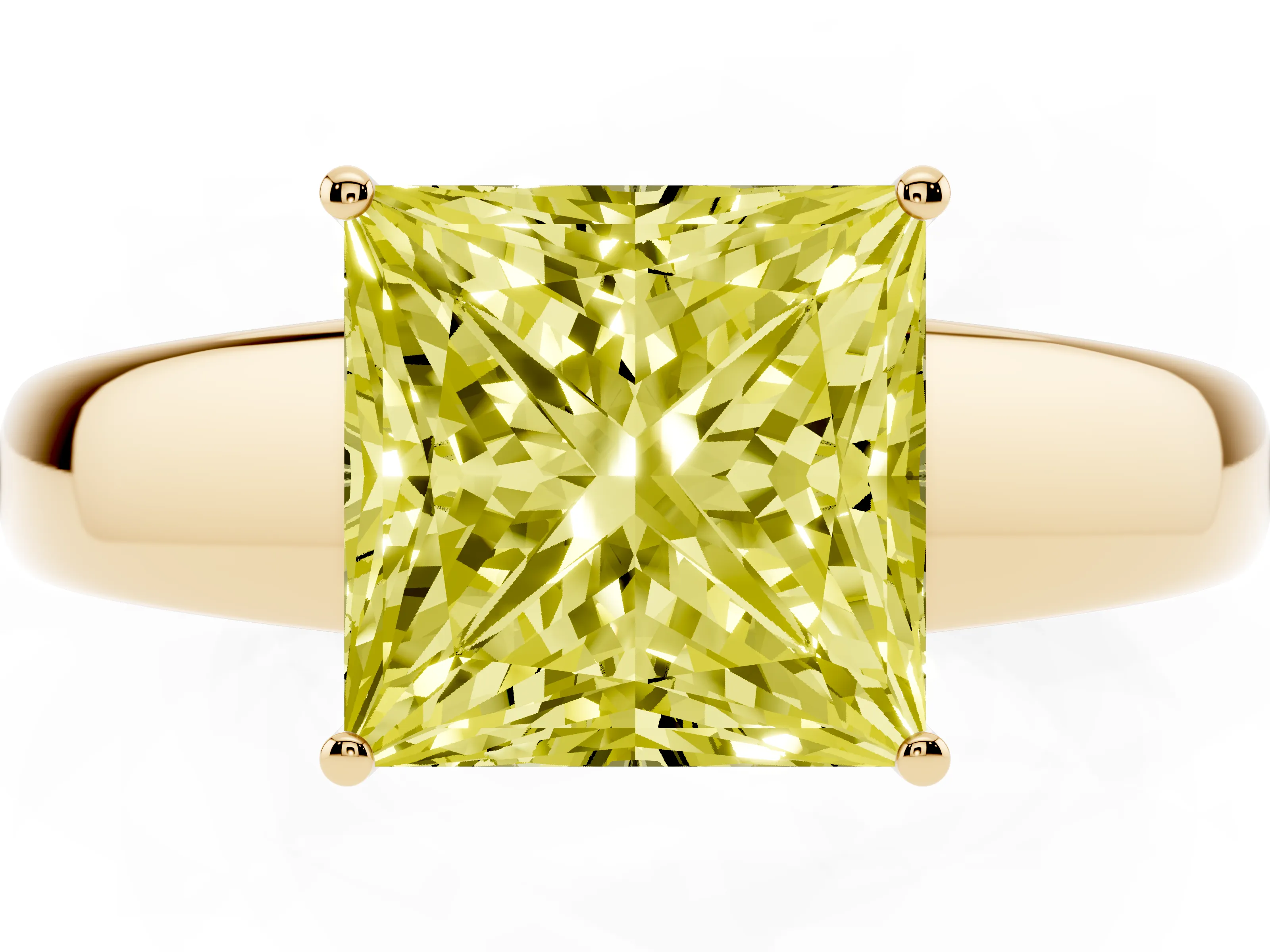 Fancy Yellow Princess Cut Diamond Solitaire Ring Set in Yellow gold with Tapered Band and Prong Setting