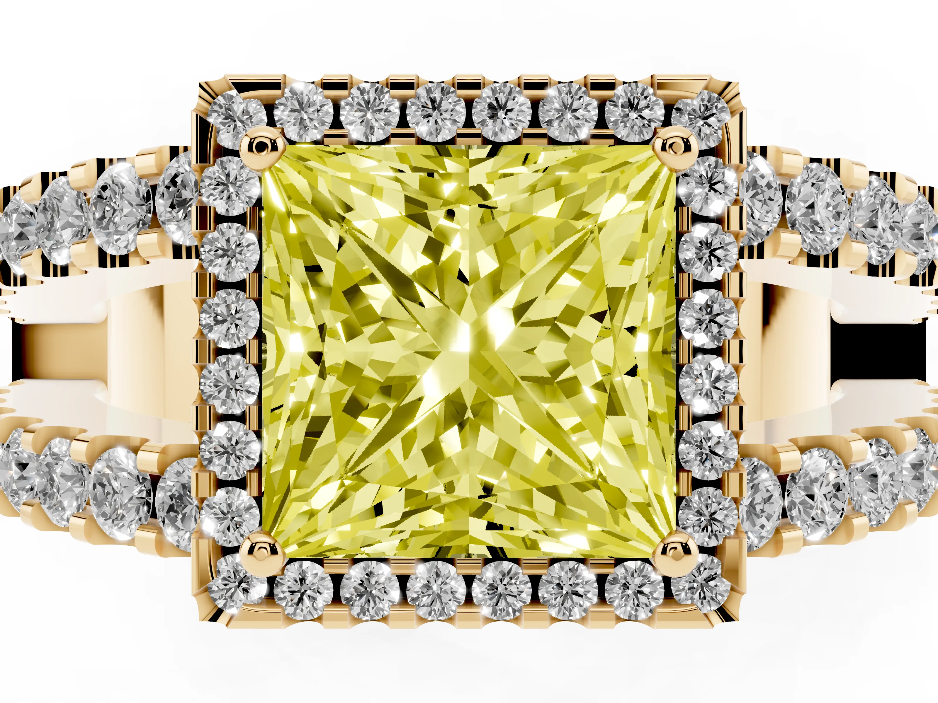 Fancy Yellow Princess Cut Diamond Halo Ring Set in Yellow gold with Pavé Split Shank and Prong Setting