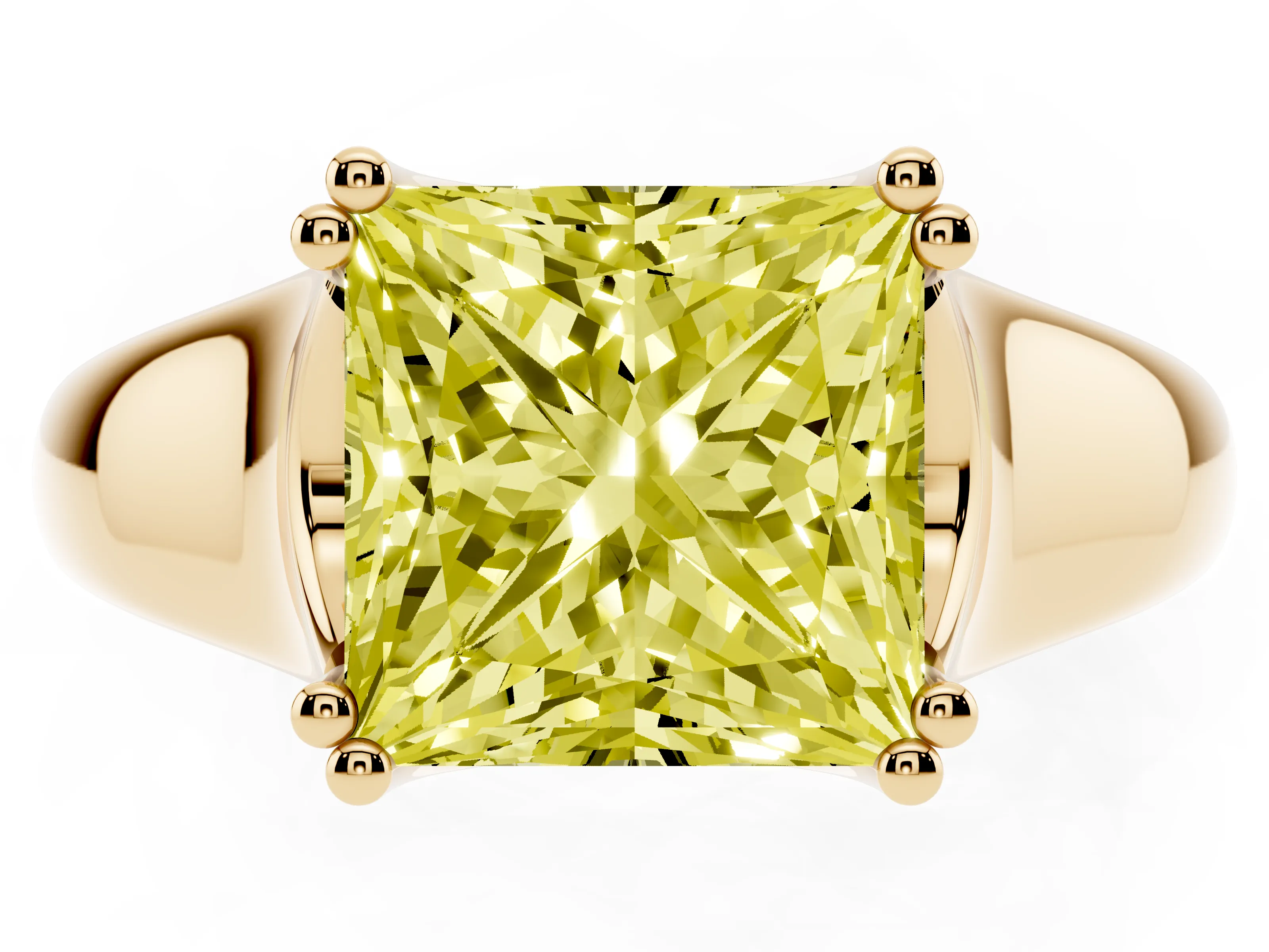 Fancy Yellow Princess Cut Diamond Solitaire Ring Set in Yellow gold with Wide Band and Prong Setting