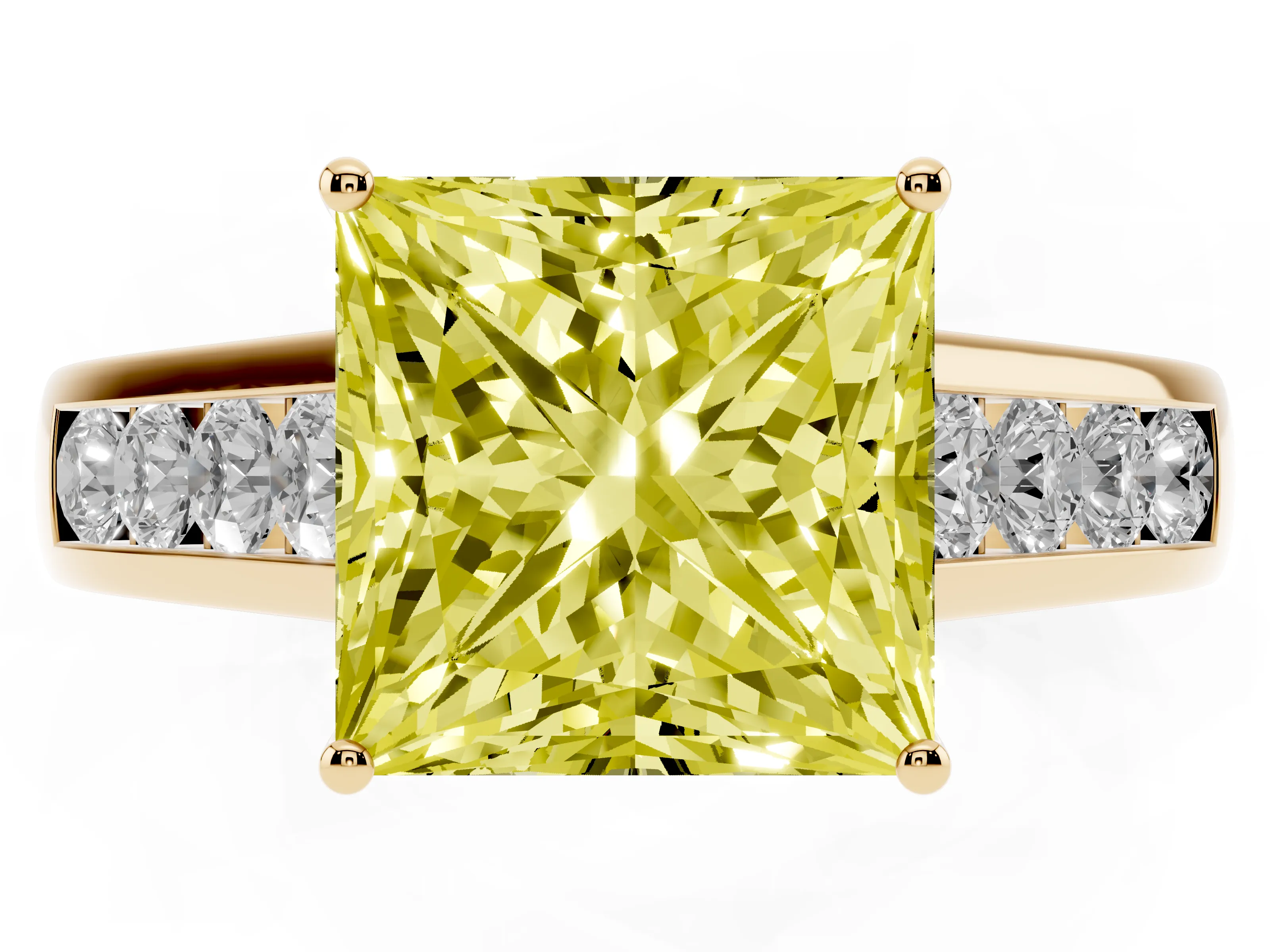 Fancy Yellow Princess Cut Diamond Solitaire Channel-Set Engagement Ring Set in Yellow gold with Prong Setting