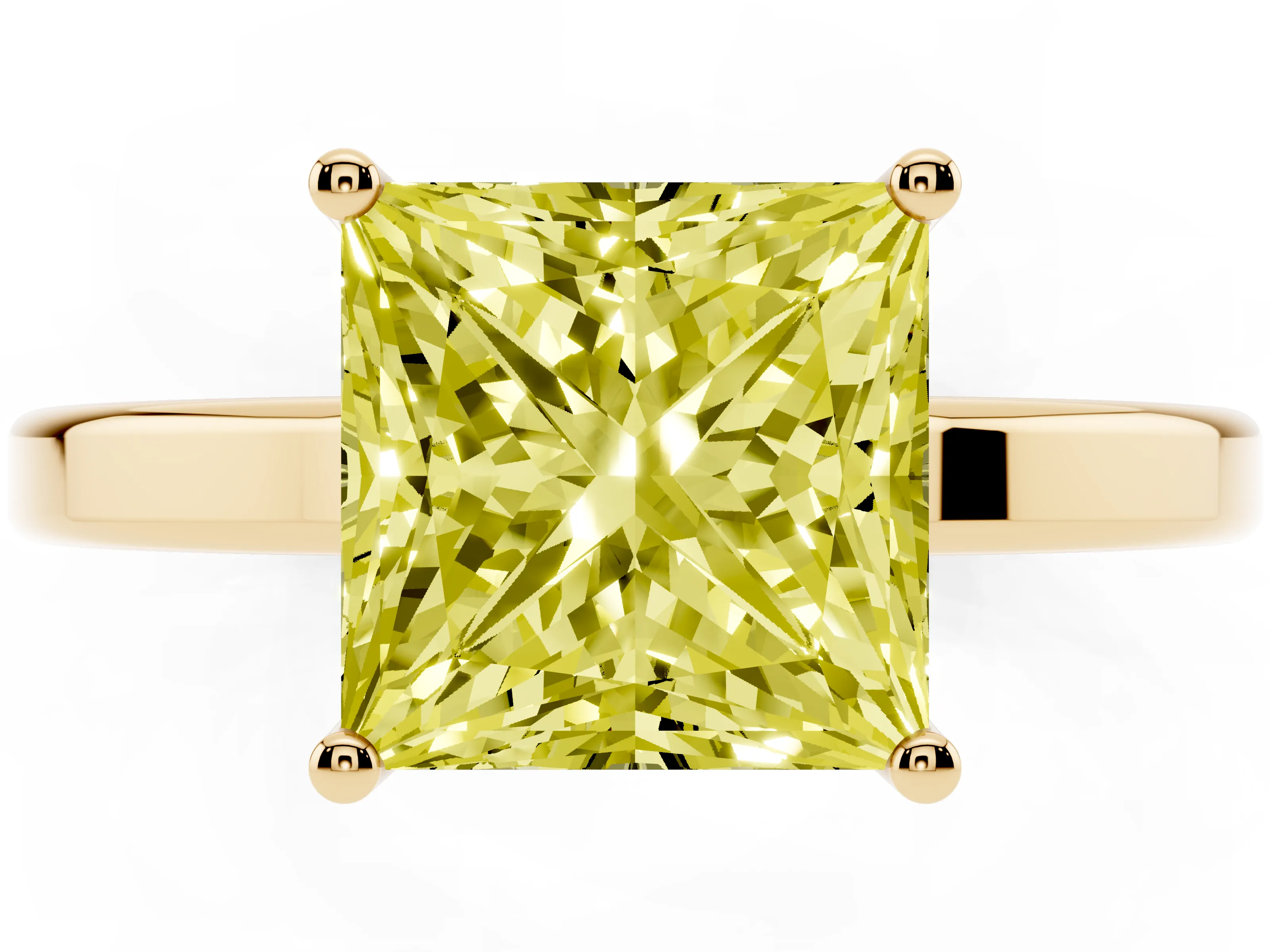 Fancy Yellow Princess Cut Diamond Solitaire Engagement Ring Set in Yellow gold with Prong Setting on a Plain Band