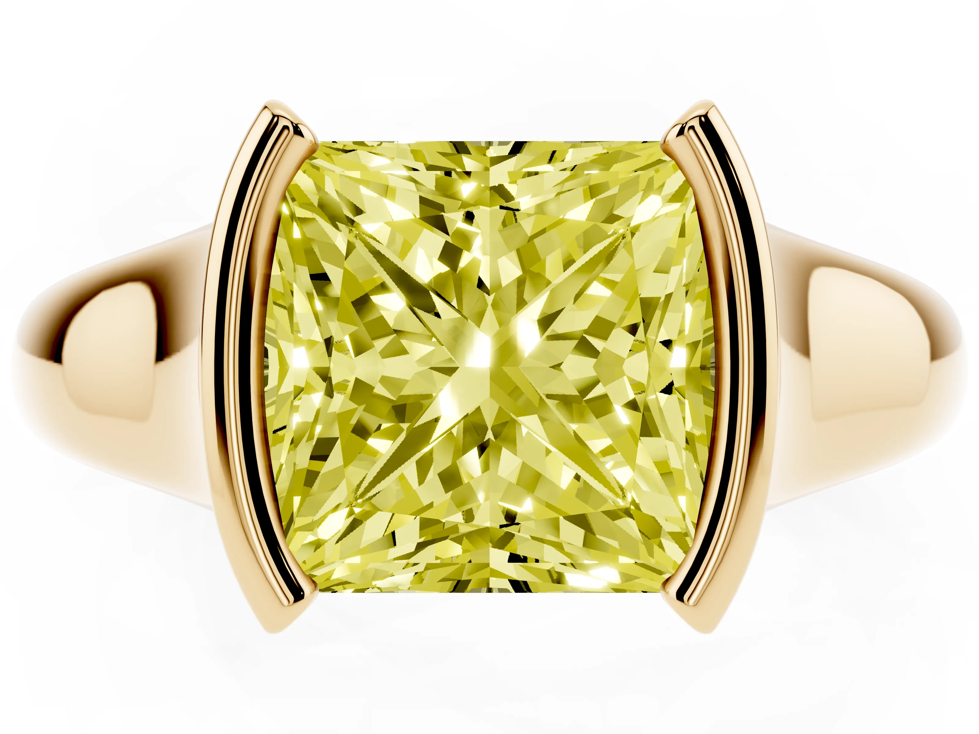 Fancy Yellow Princess Cut Diamond Solitaire Tension Set Ring Set in Yellow gold with Split Shank Band