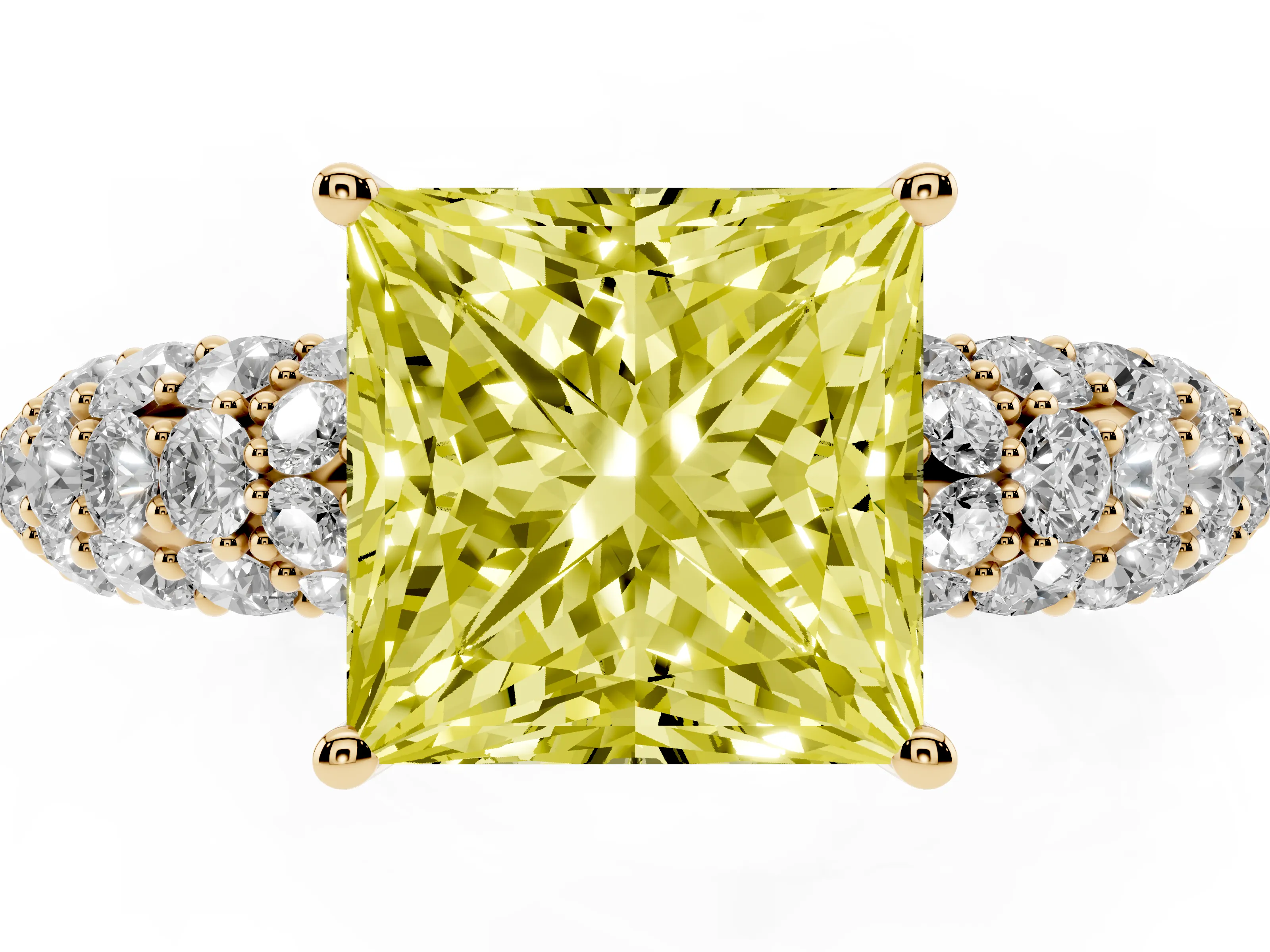 Fancy Yellow Princess Cut Diamond Pavé Band Solitaire Ring Set in Yellow gold with Close-Set Accent Stones and Prong Setting