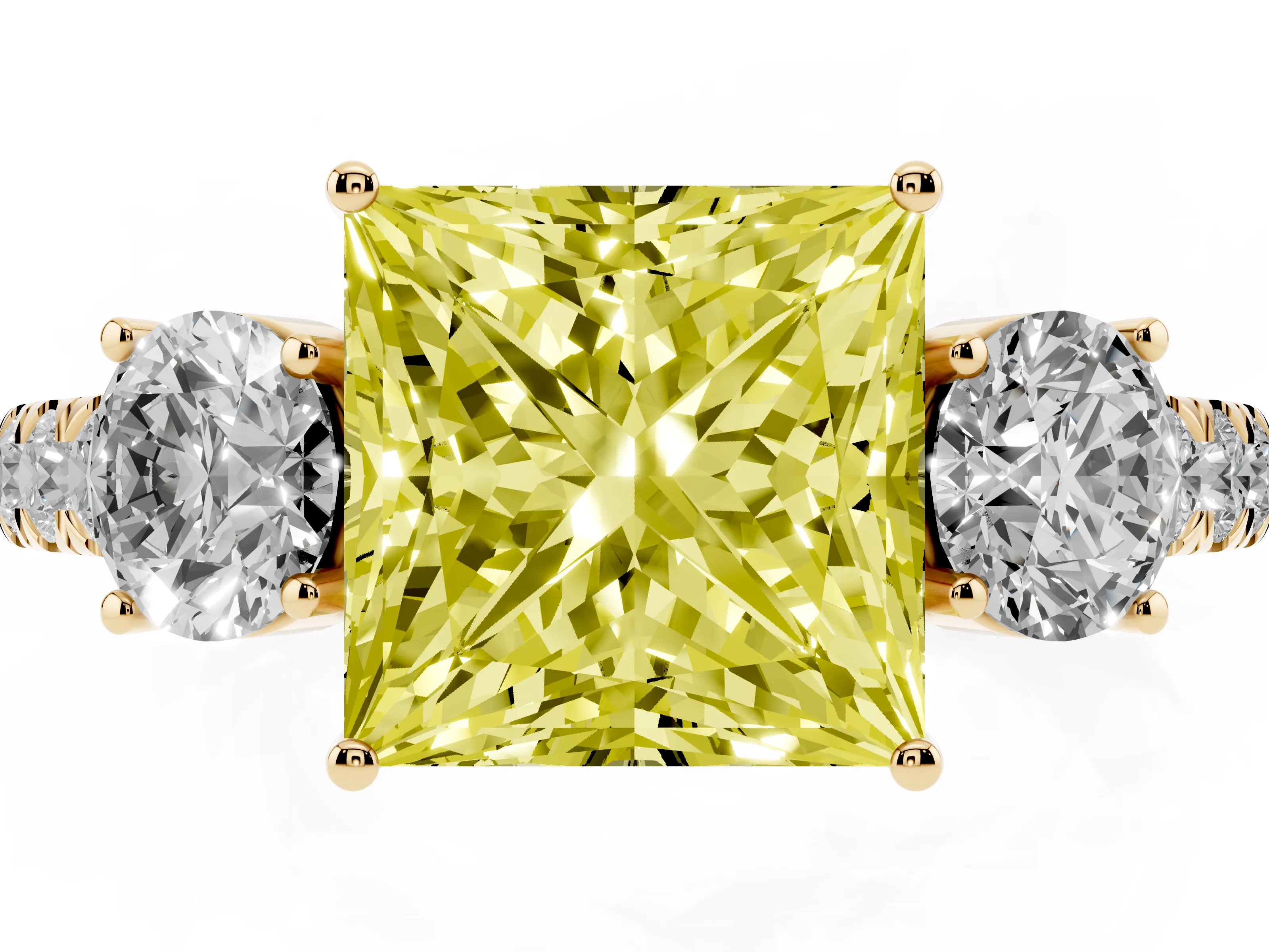 Fancy Yellow Princess Cut Diamond Three-Stone Ring Set in Yellow gold with Round Side Stones and Delicate Pavé Band