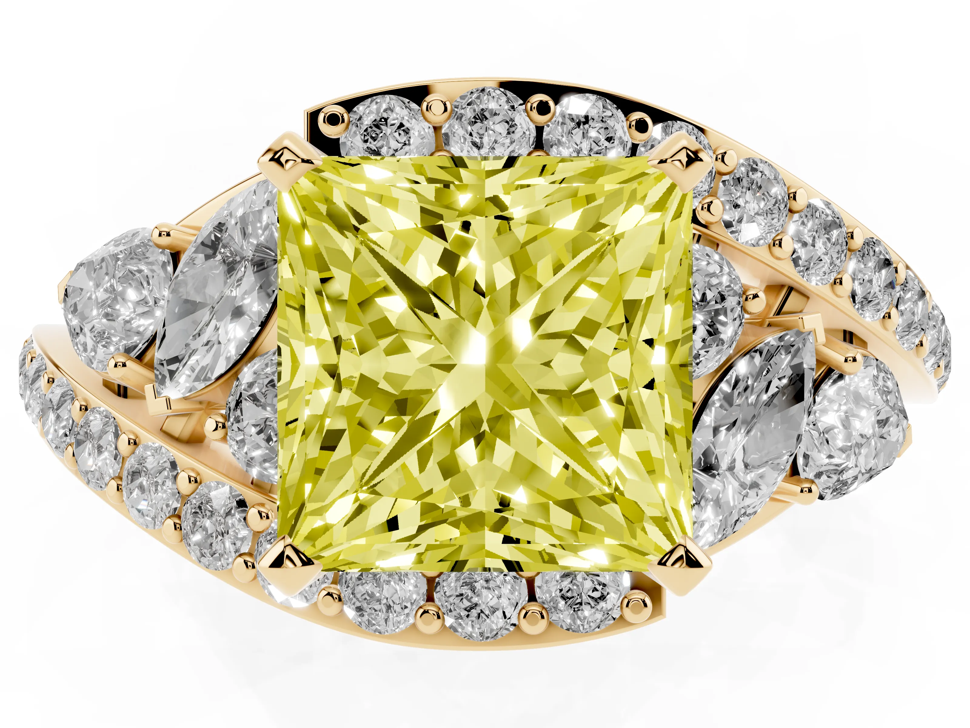 Fancy Yellow Princess Cut Diamond Halo Ring Set in Yellow gold with Marquise and Pavé Band in Prong Setting
