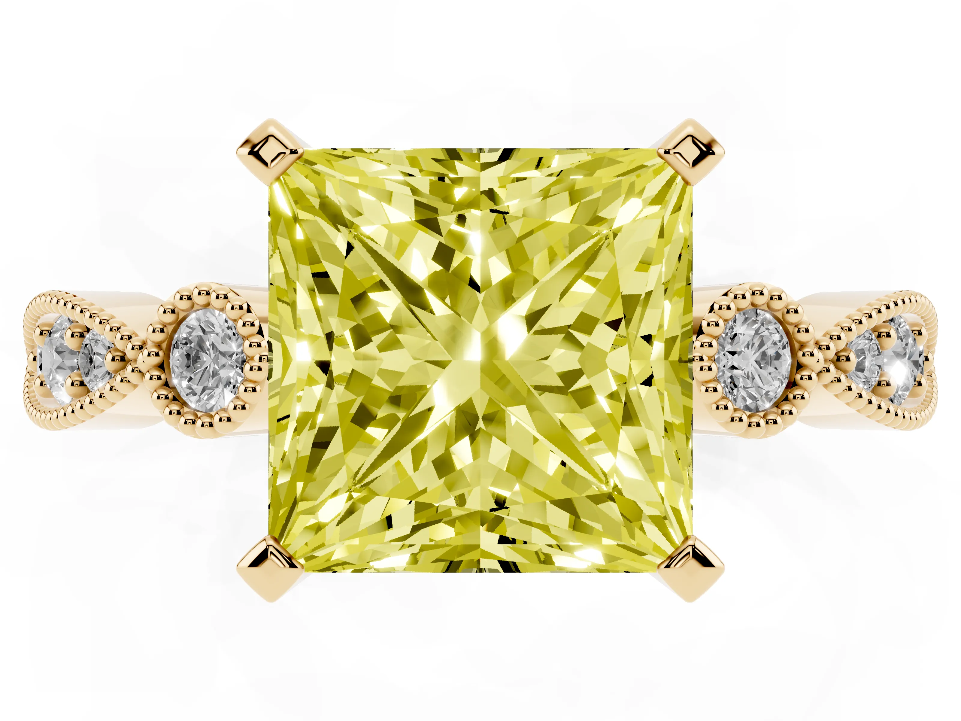 Fancy Yellow Princess Cut Diamond Solitaire Engagement Ring Set in Yellow gold with Milgrain Bezel Accent Band
