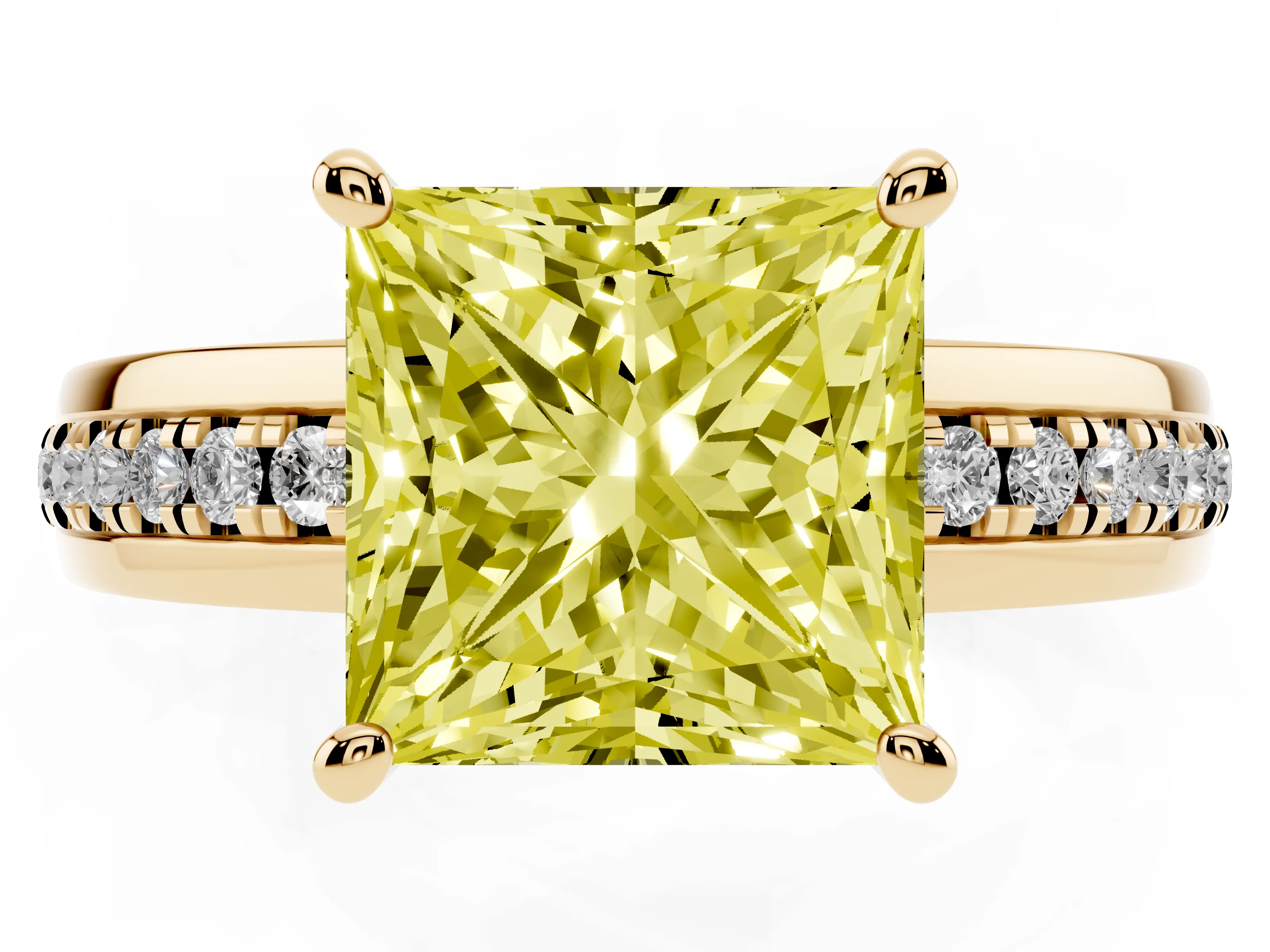 Fancy Yellow Princess Cut Diamond Solitaire Ring Set in Yellow gold with Channel Set Band and Prong Setting