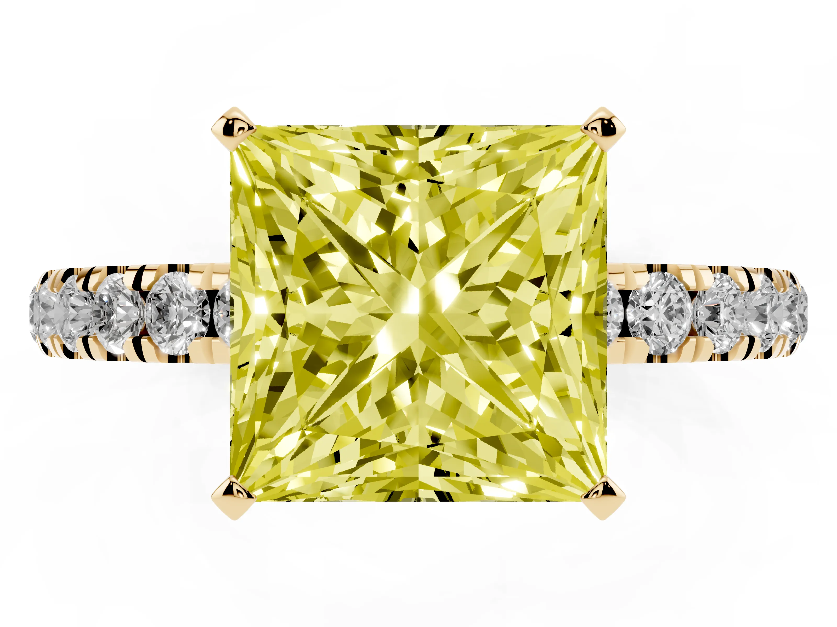 Fancy Yellow Princess Cut Diamond Solitaire Ring Set in Yellow gold with Pavé Accents and Prong Setting