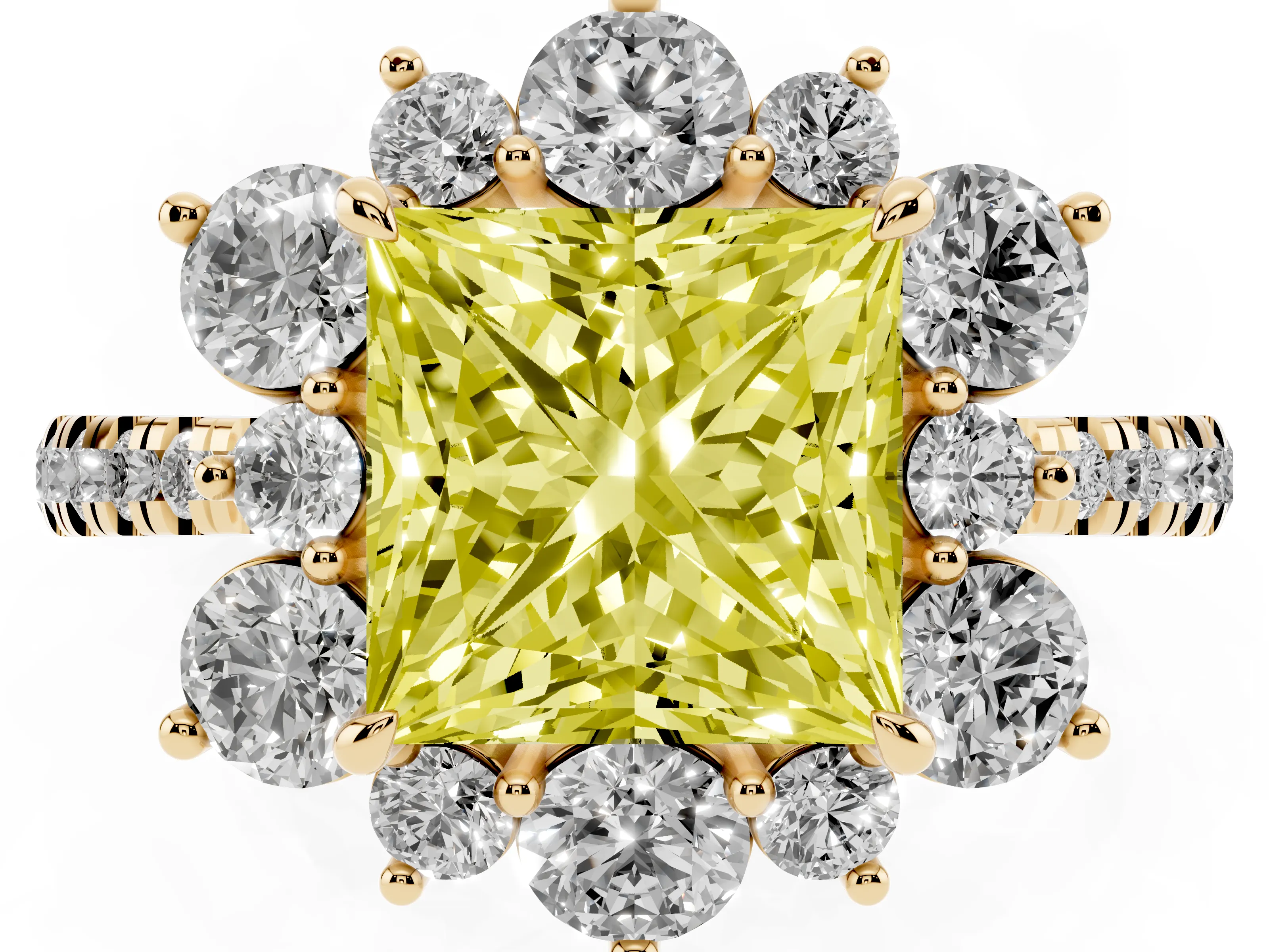 Fancy Yellow Princess Cut Diamond Floral Halo Ring Set in Yellow gold with Round Pavé Band and Prong Setting