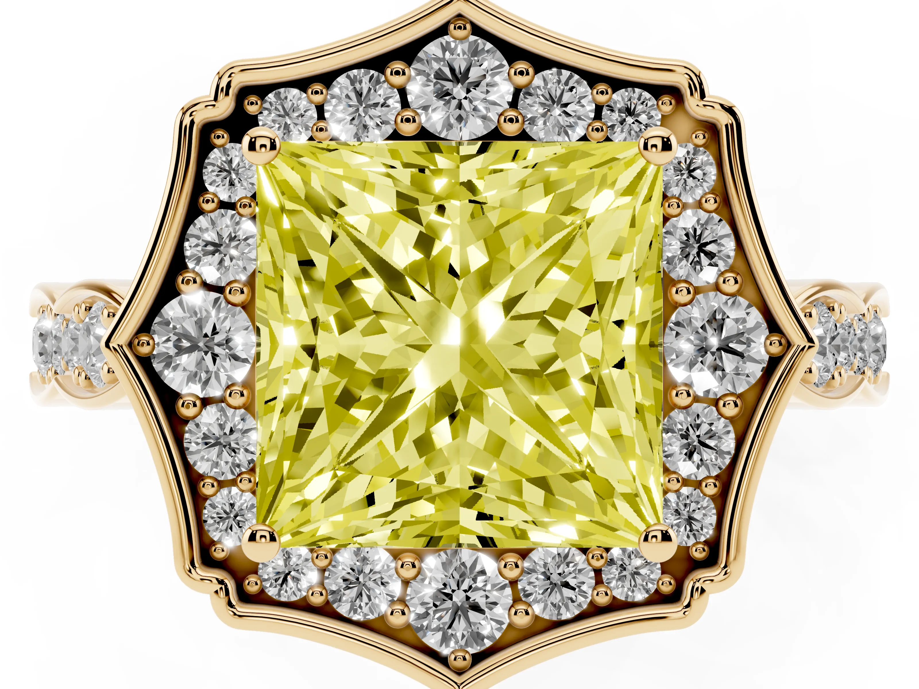 Fancy Yellow Princess Cut Diamond Halo Engagement Ring Set in Yellow gold with Milgrain Band and Prong Setting