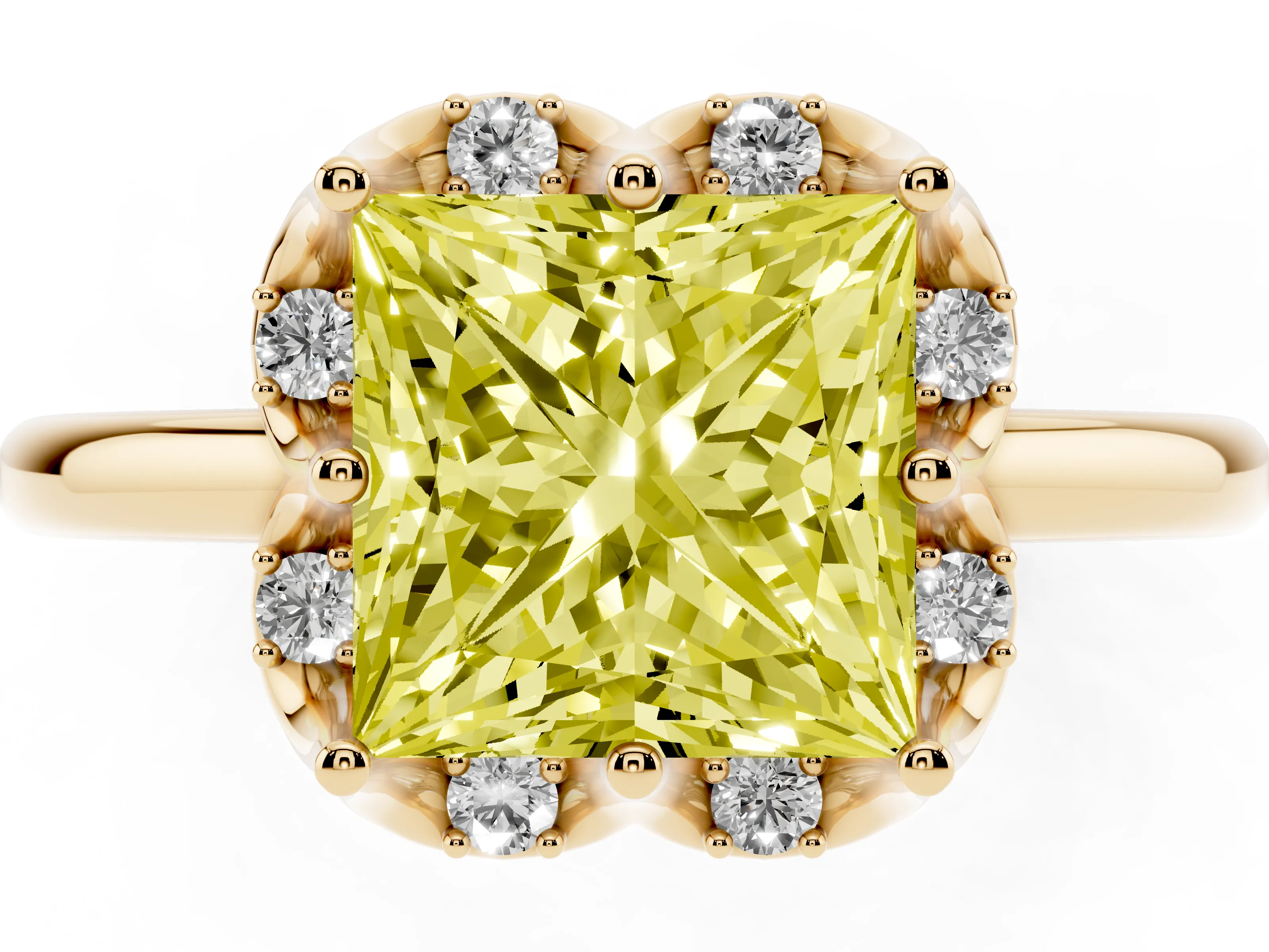 Fancy Yellow Princess Cut Diamond Round Cluster Halo Ring Set in Yellow gold with Solitaire Band and Prong Setting