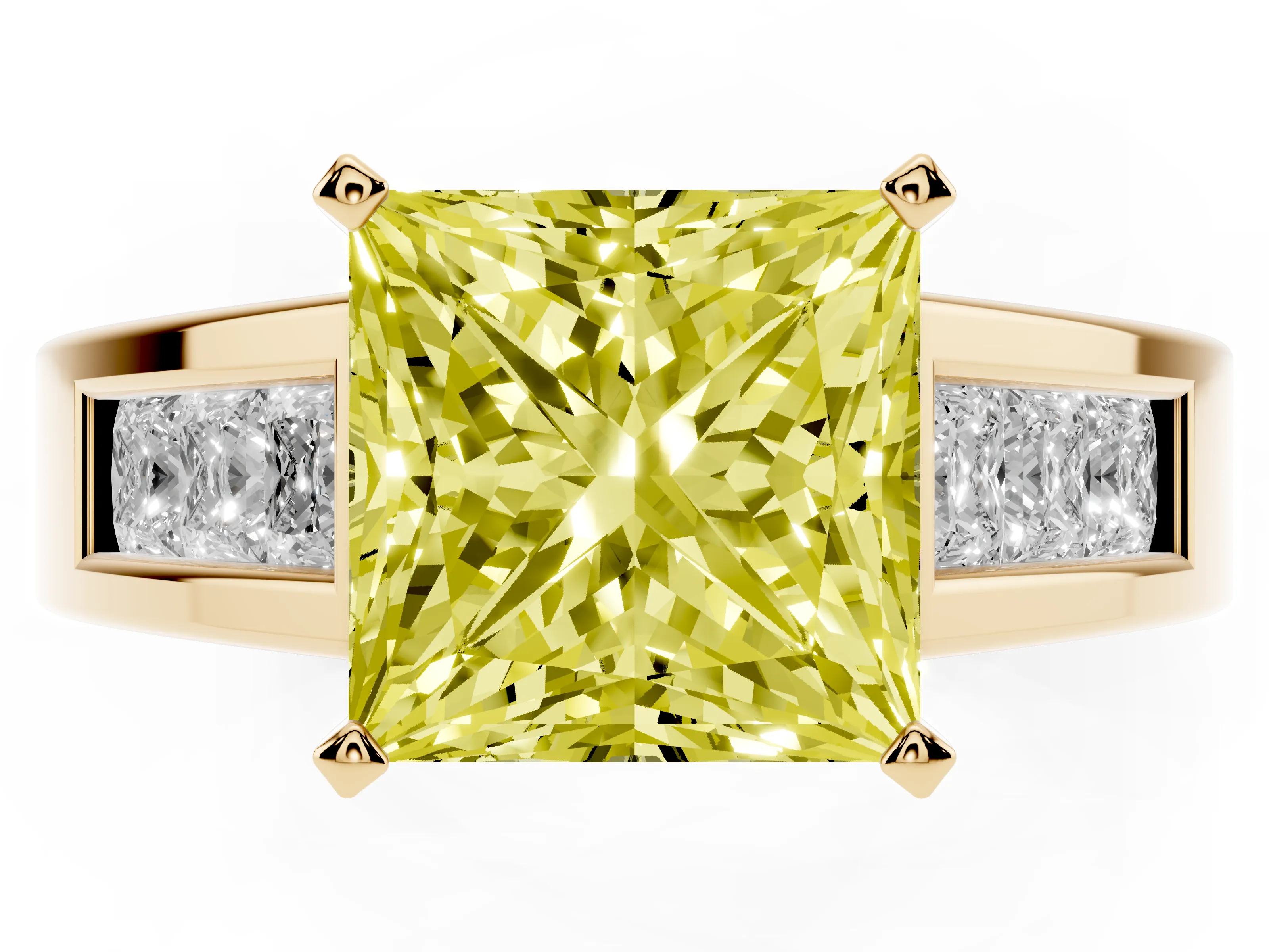 Fancy Yellow Princess Cut Diamond Solitaire Ring Set in Yellow gold with Channel-Set Accent Stones and Prong Setting