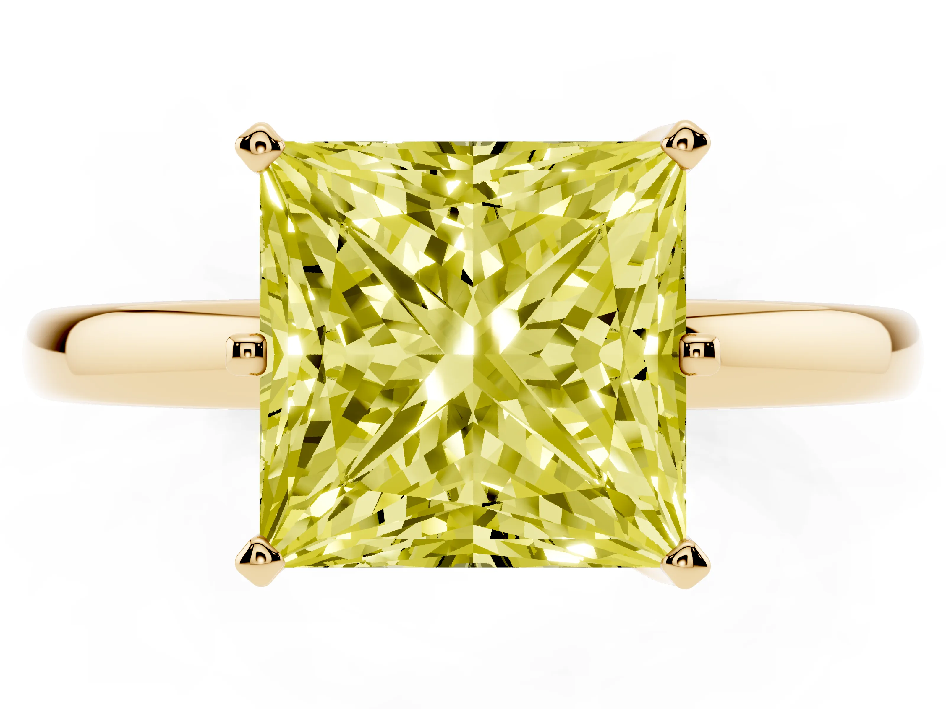 Fancy Yellow Princess Cut Diamond Solitaire Ring Set in Yellow gold with Raised Prong Setting on a Classic Band