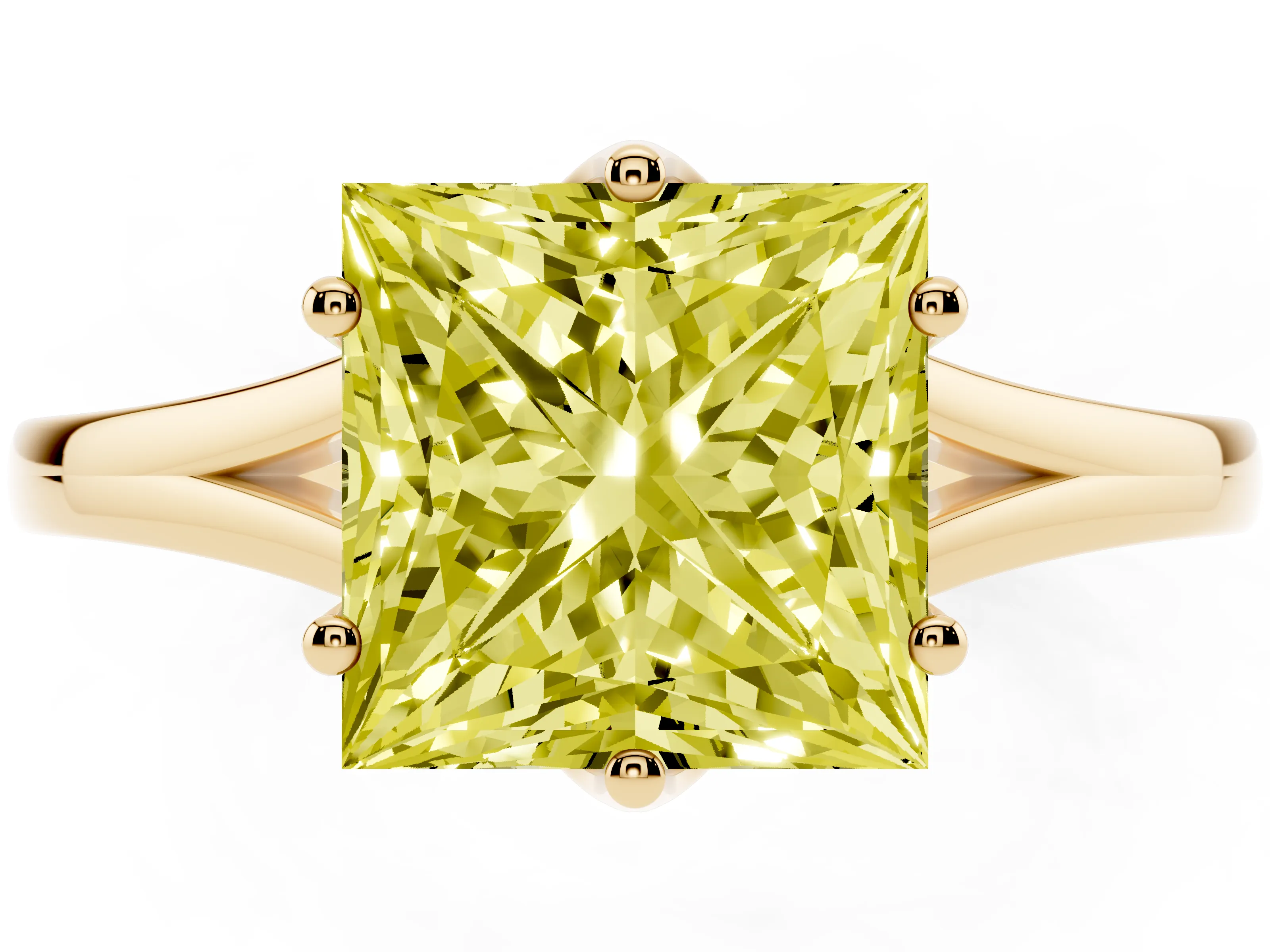 Fancy Yellow Princess Cut Diamond Solitaire Ring Set in Yellow gold with Polished Tapered Band and Prong Setting