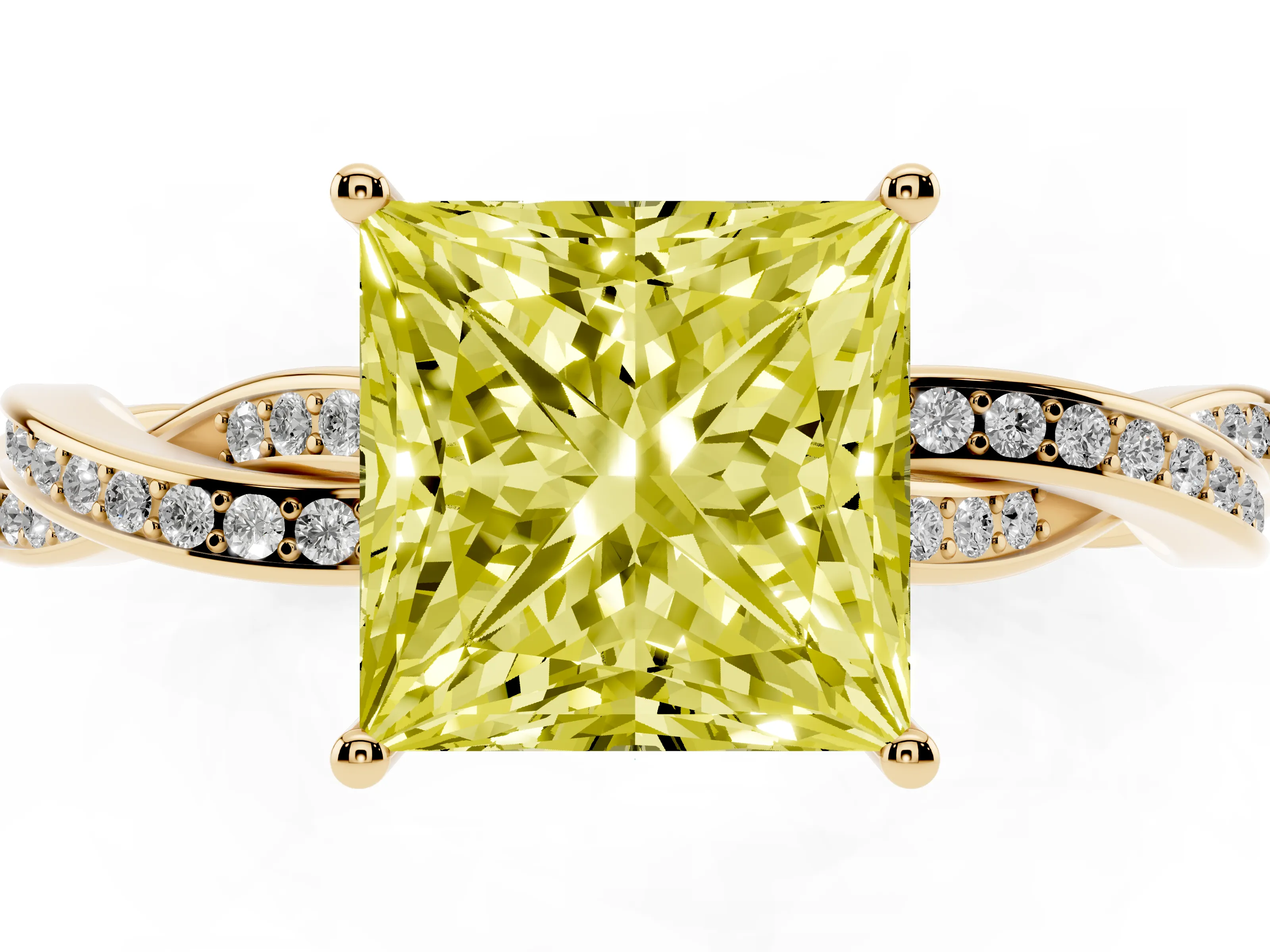 Fancy Yellow Princess Cut Diamond Solitaire Twisted Pavé Ring Set in Yellow gold with Prong Setting